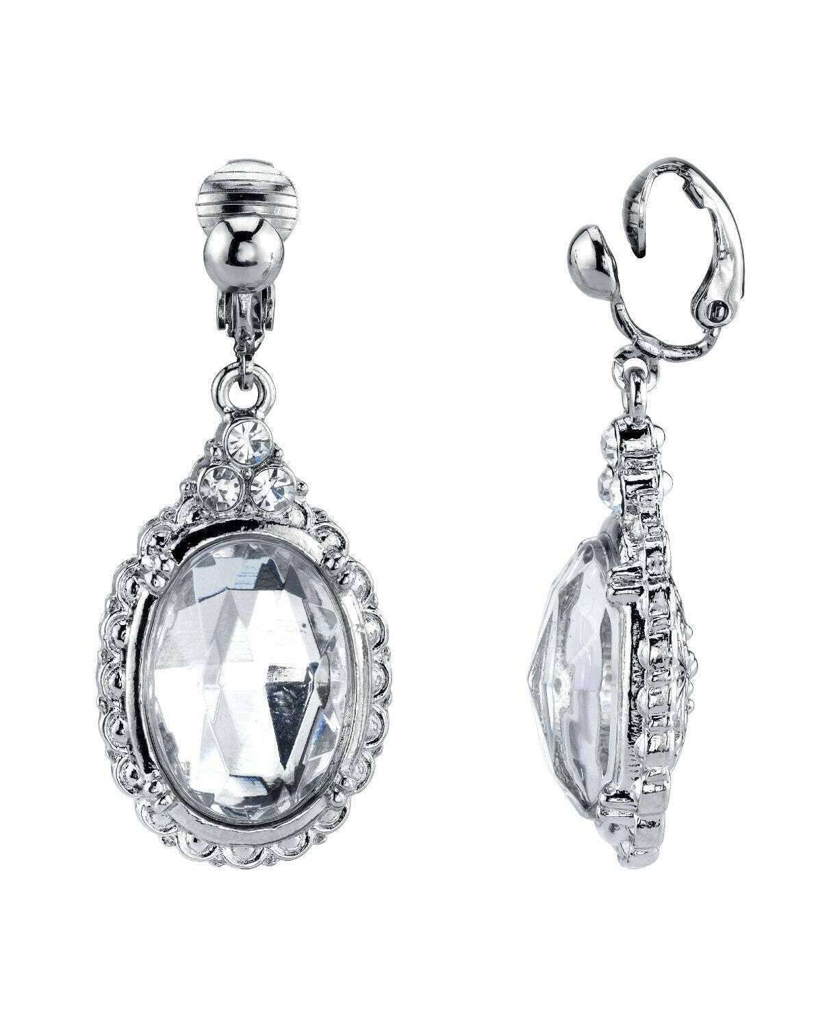 1928 Jewelry "Victorian" Oval Multi Faceted Crystal Clip On Drop Earrings