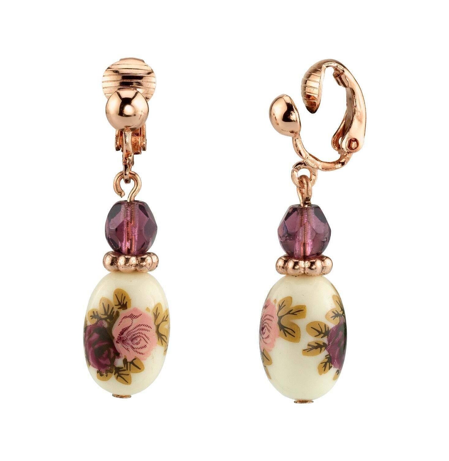1928 Jewelry Manor House Rose Purple Crystal Bead Flower Drop Clip On Earrings