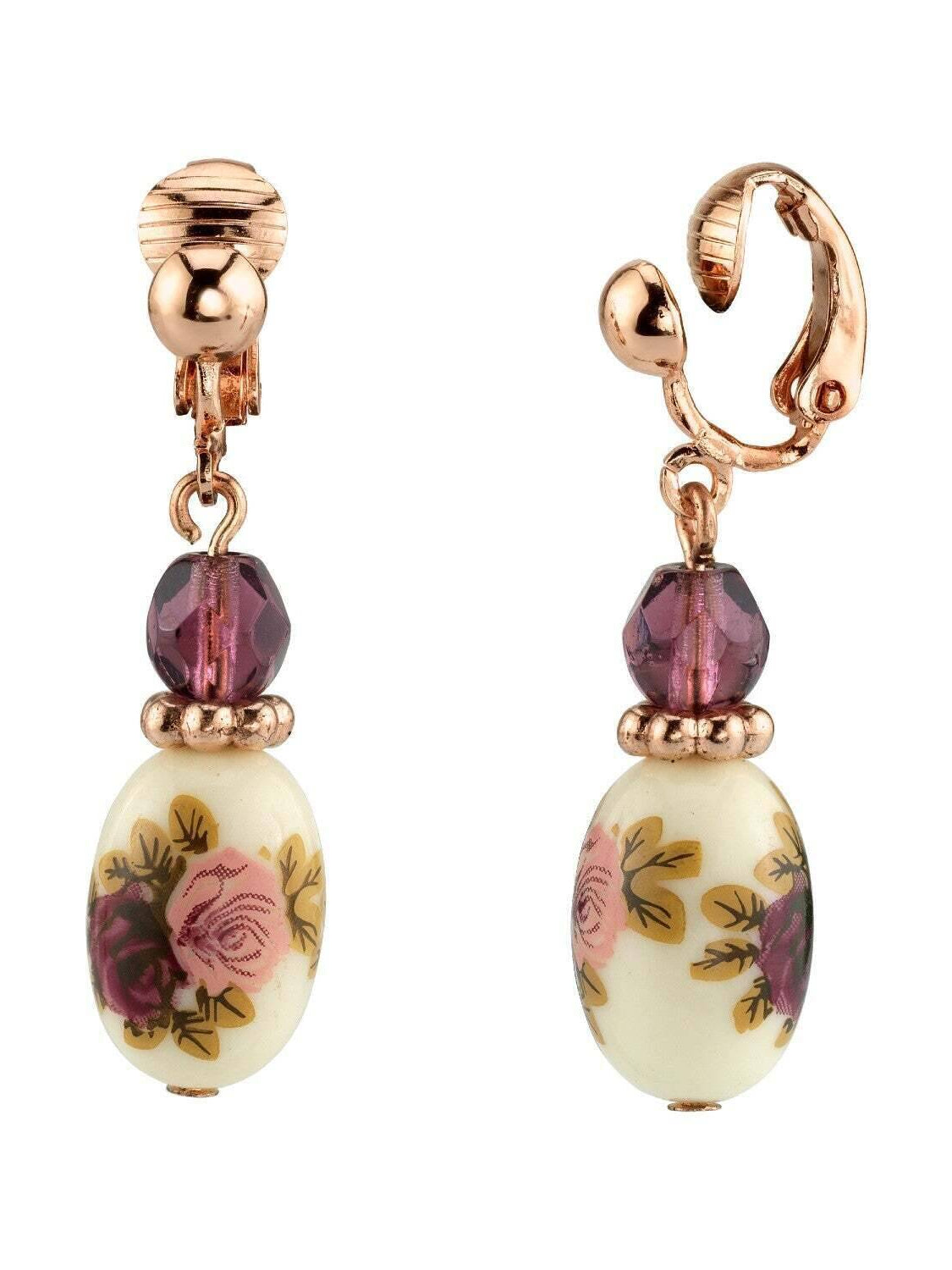 1928 Jewelry Manor House Rose Purple Crystal Bead Flower Drop Clip On Earrings