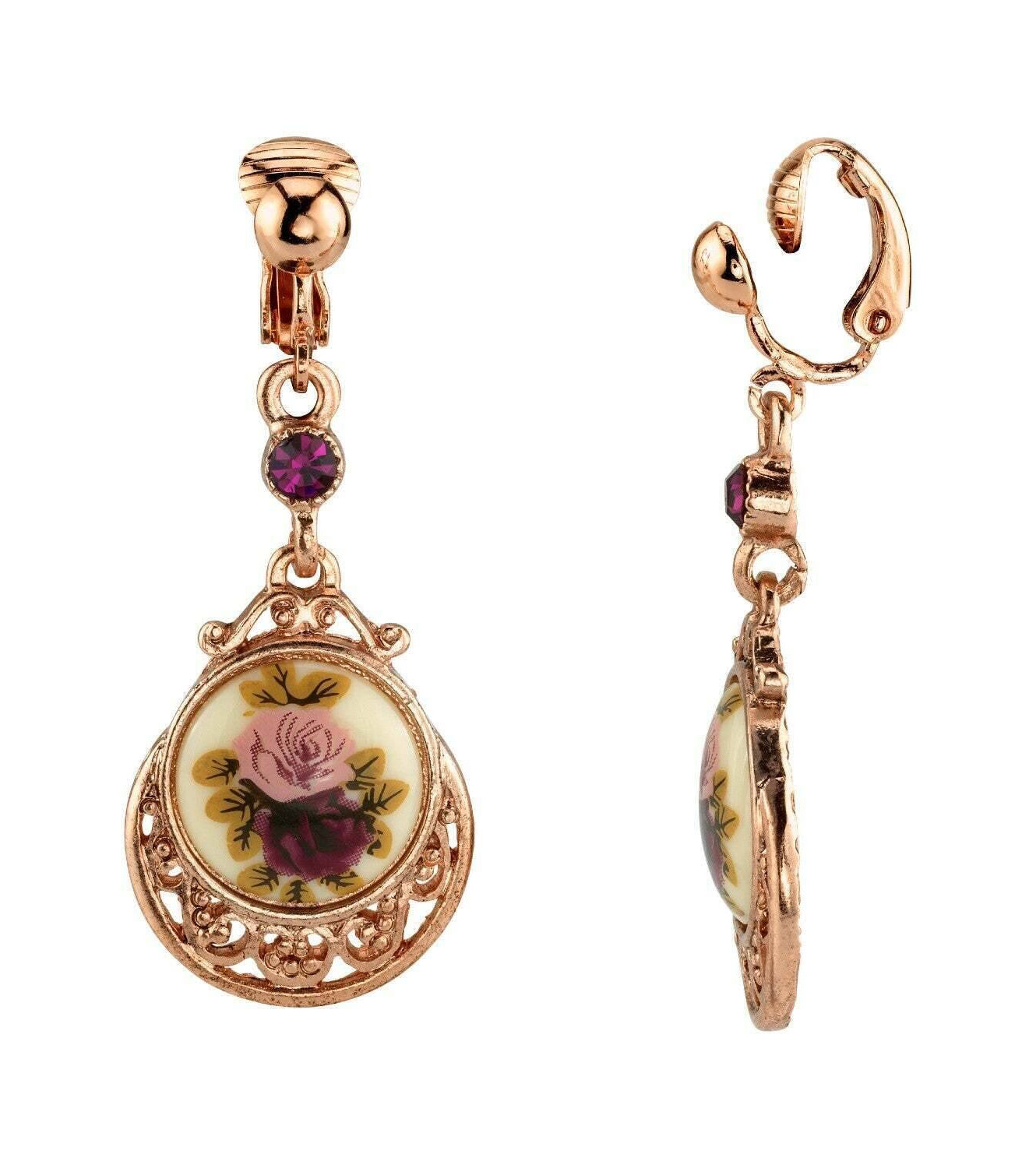 1928 Jewelry Manor House Rose Purple Crystal Flower Clip On Drop Earrings