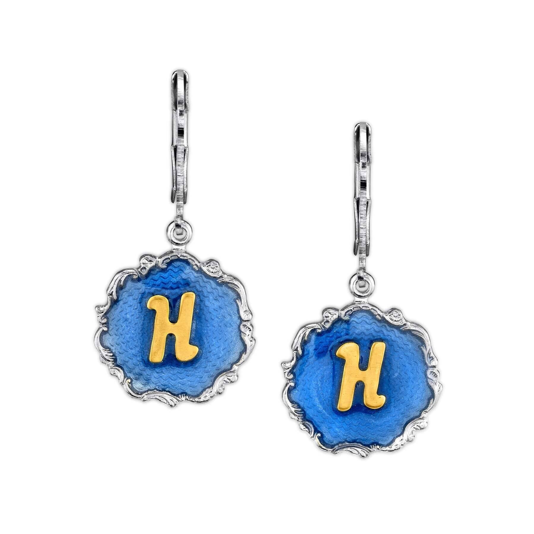 1928 Jewelry Sunburst Blue Enamel Initial Earrings