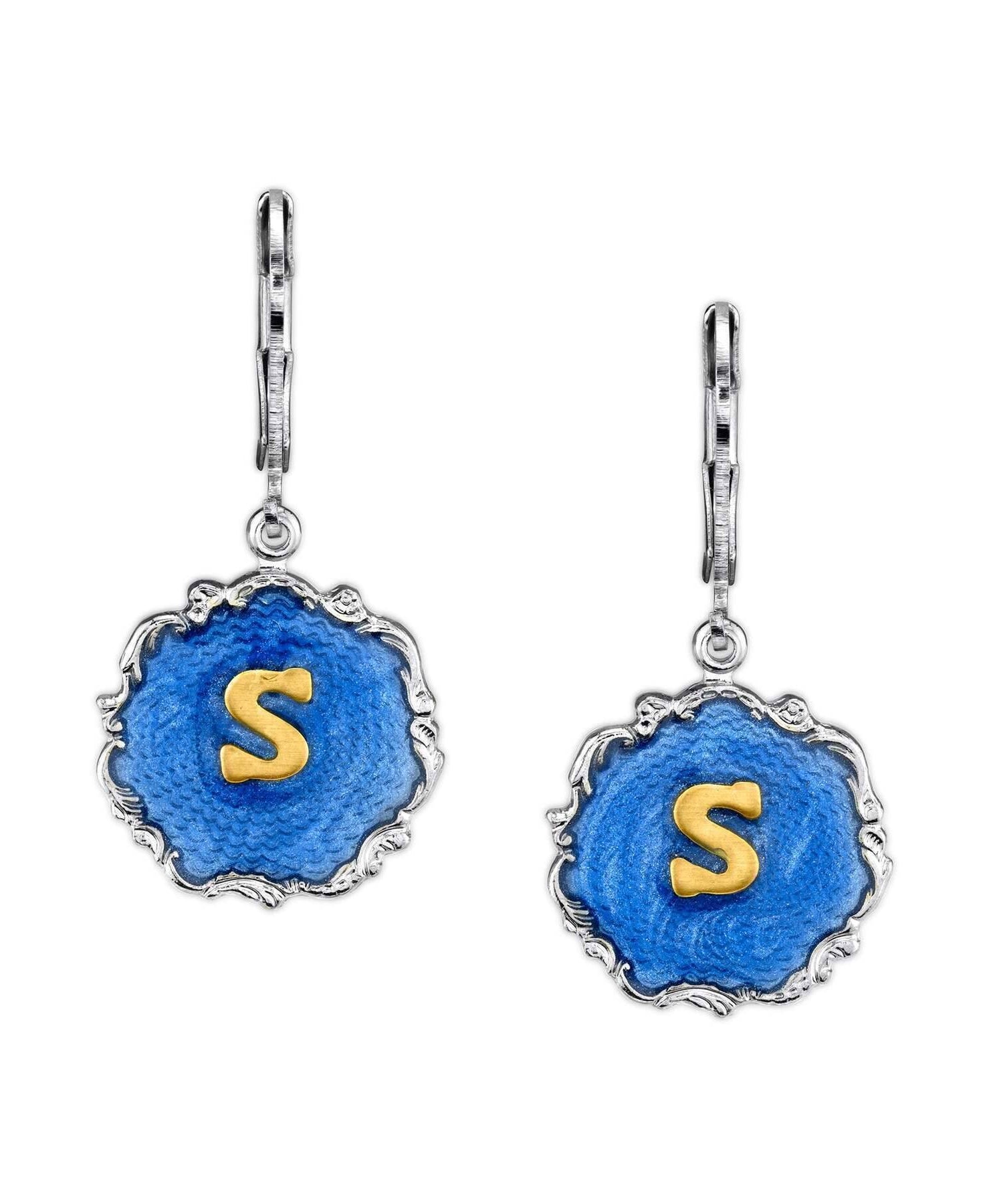 1928 Jewelry Sunburst Blue Enamel Initial Earrings