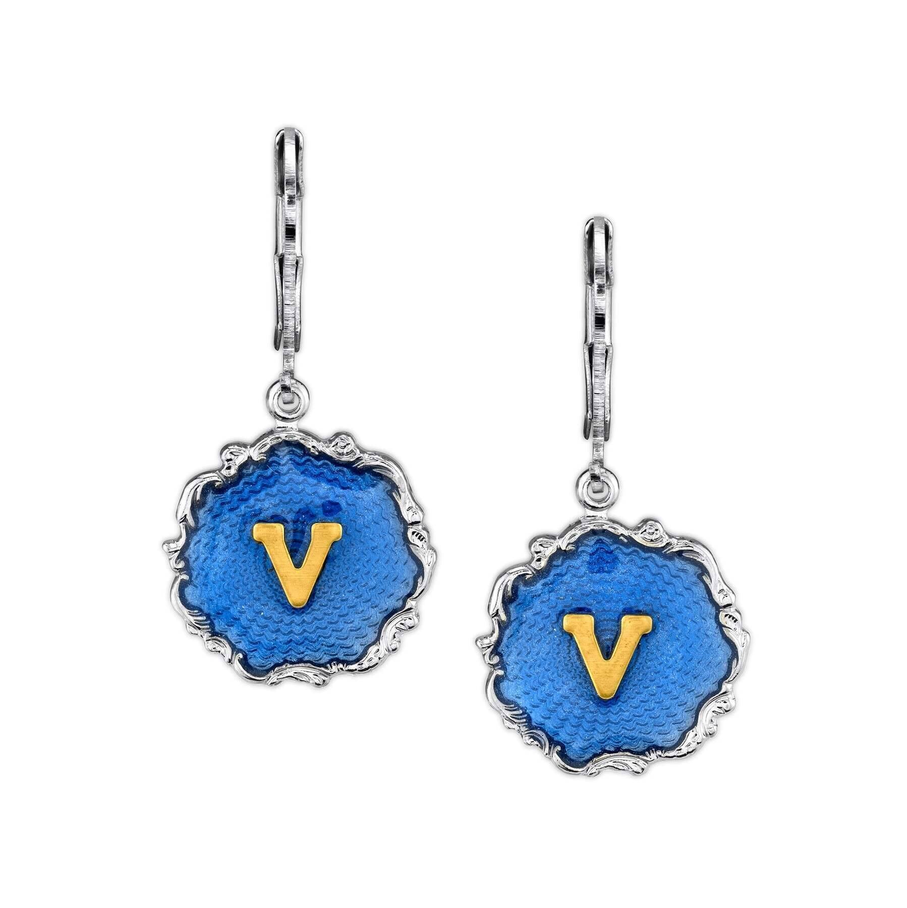1928 Jewelry Sunburst Blue Enamel Initial Earrings