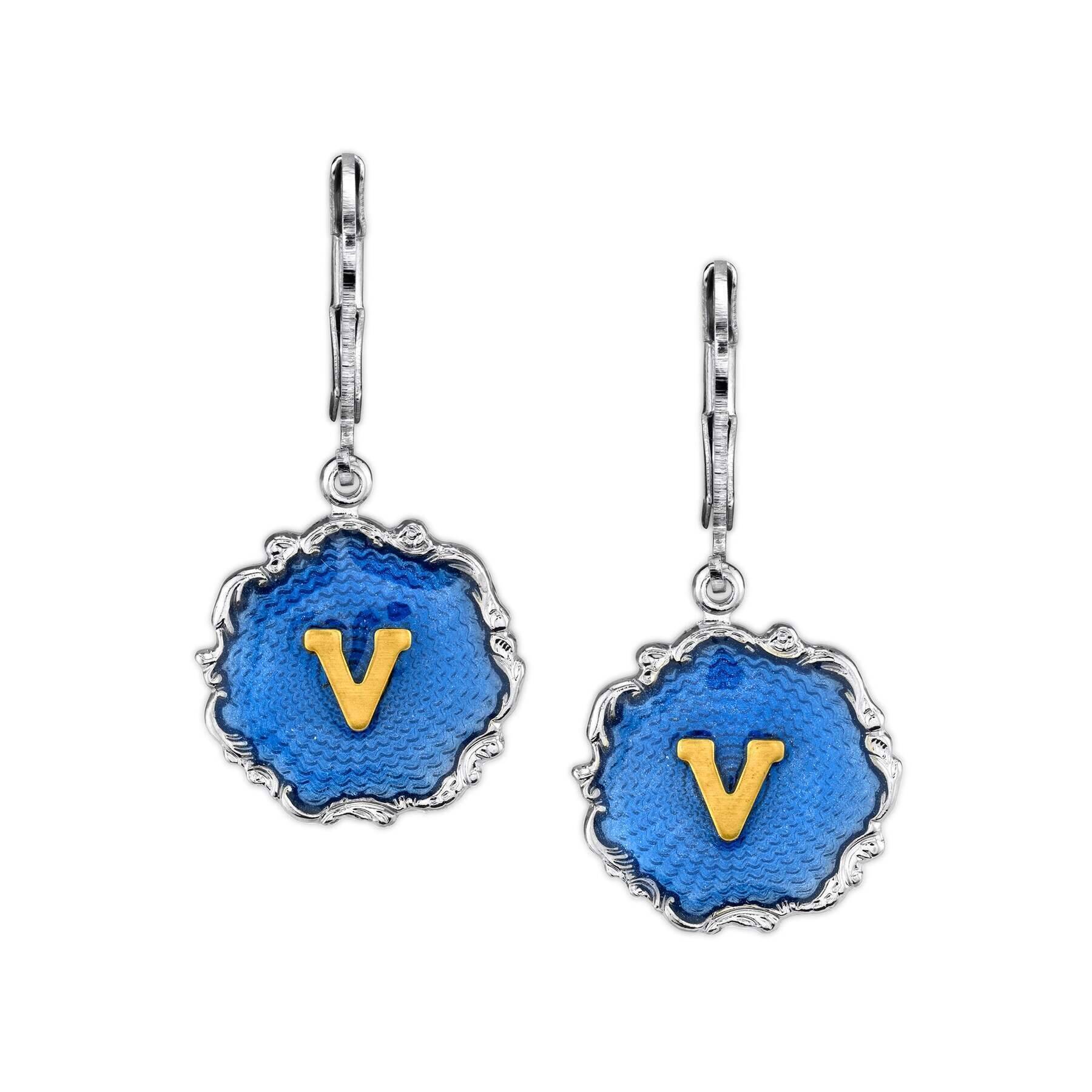 1928 Jewelry Sunburst Blue Enamel Initial Earrings