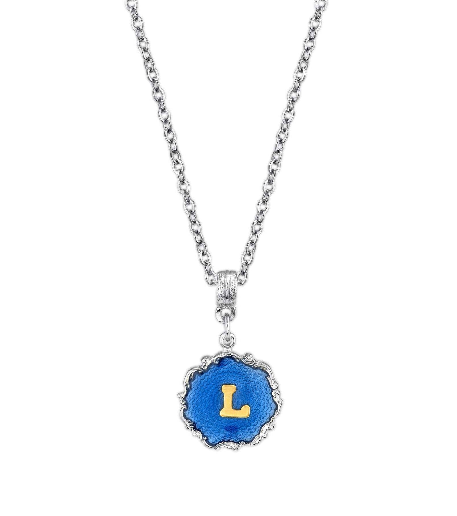 1928 Jewelry Sunburst Blue Enamel Initial Necklace 16" + 3" Extender