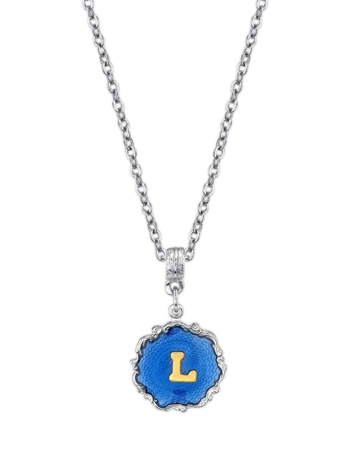 1928 Jewelry Sunburst Blue Enamel Initial Necklace 16" + 3" Extender