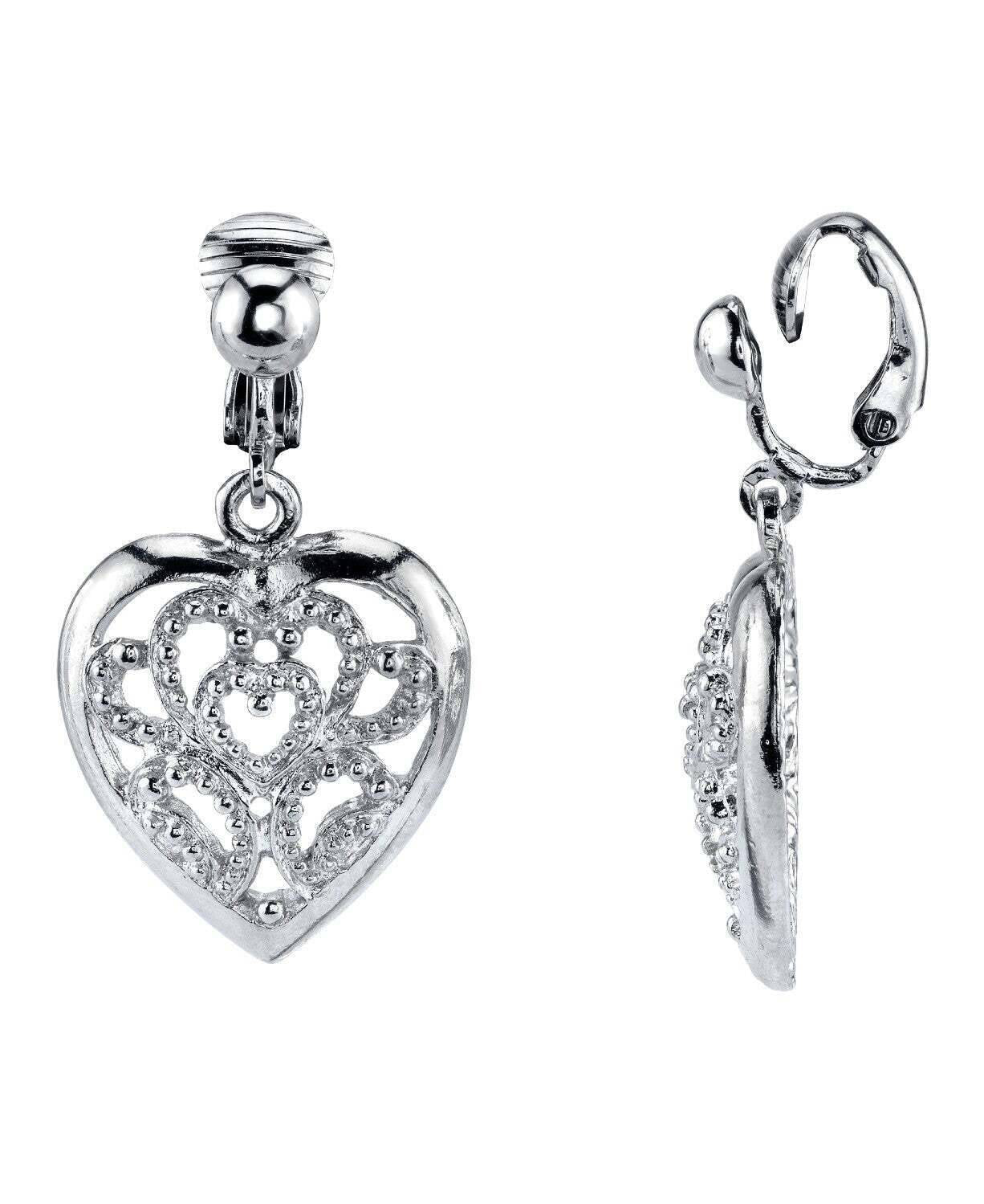 1928 Jewelry Filigree Heart Clip On Drop Earrings