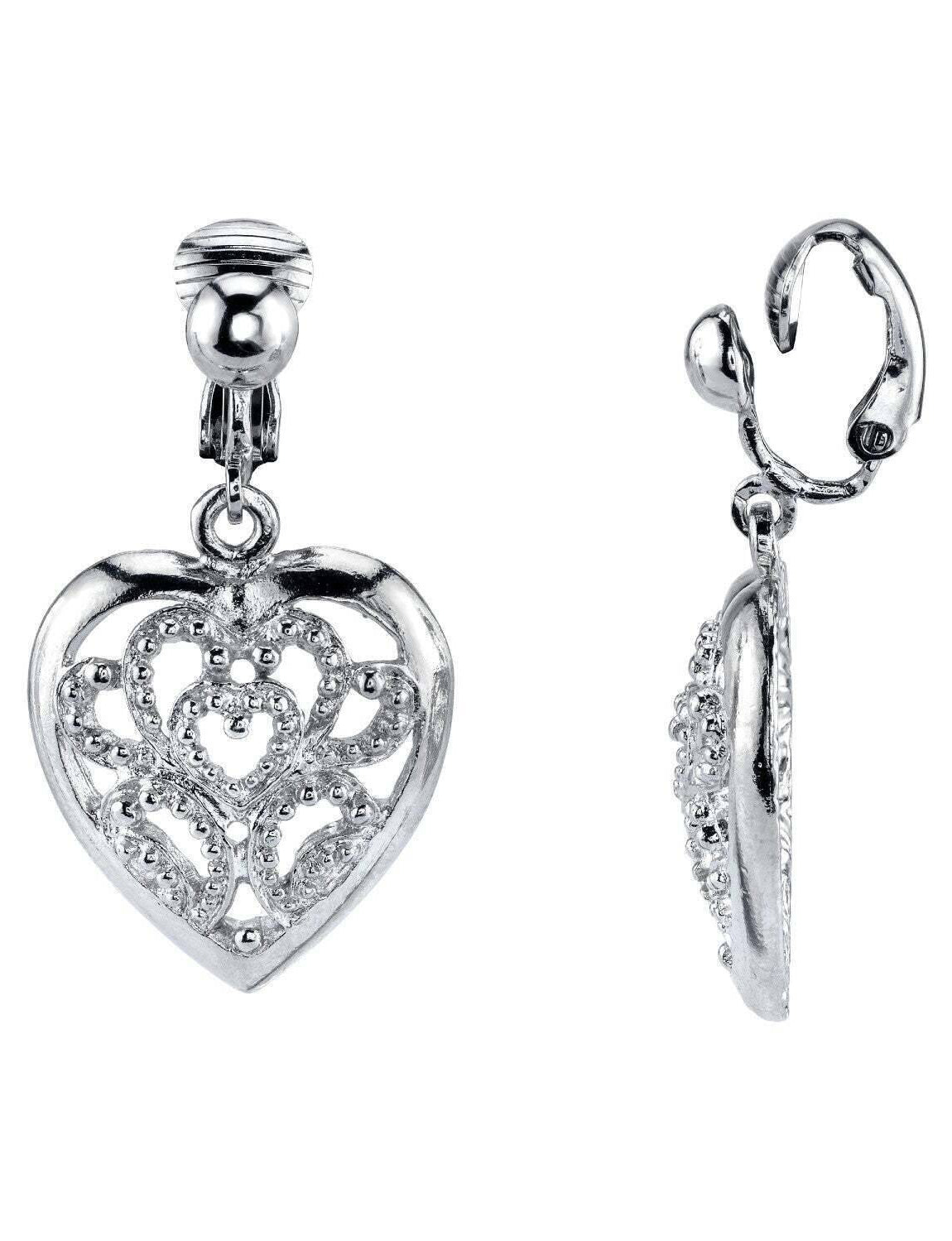1928 Jewelry Filigree Heart Clip On Drop Earrings