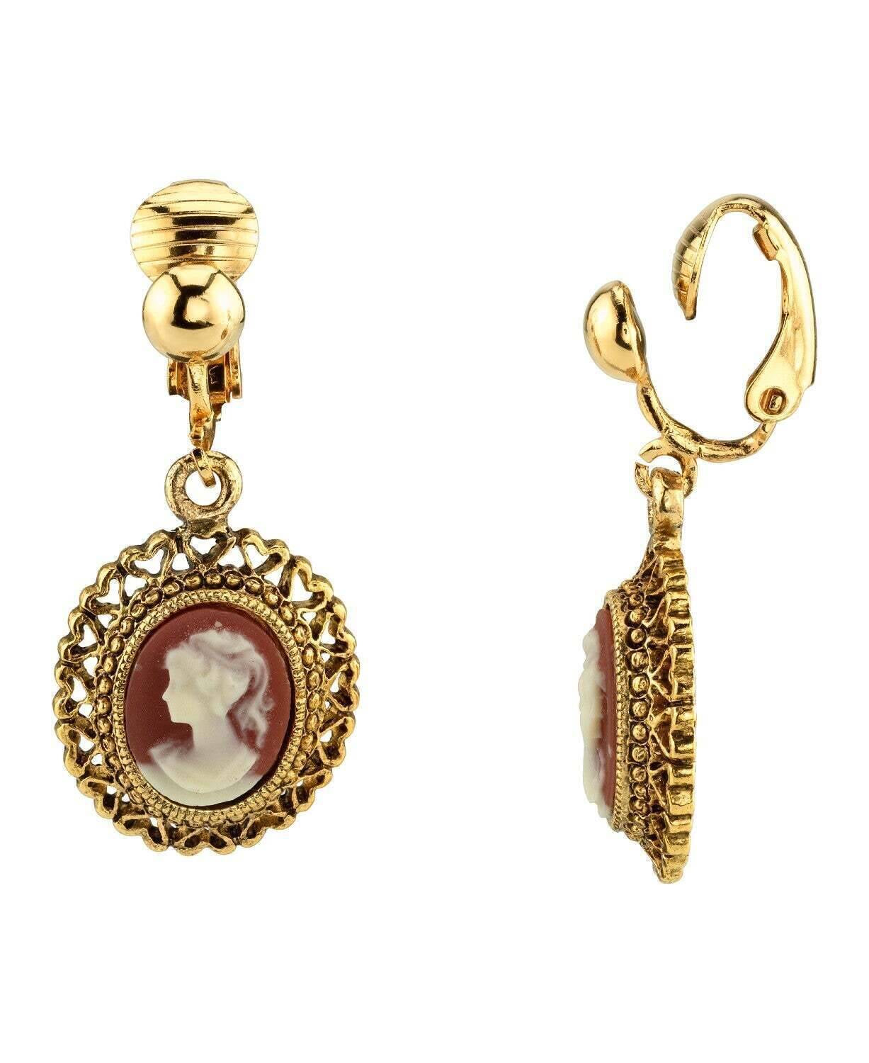 1928 Jewelry Brass Faux Cameo Oval Hearts Clip On Earrings