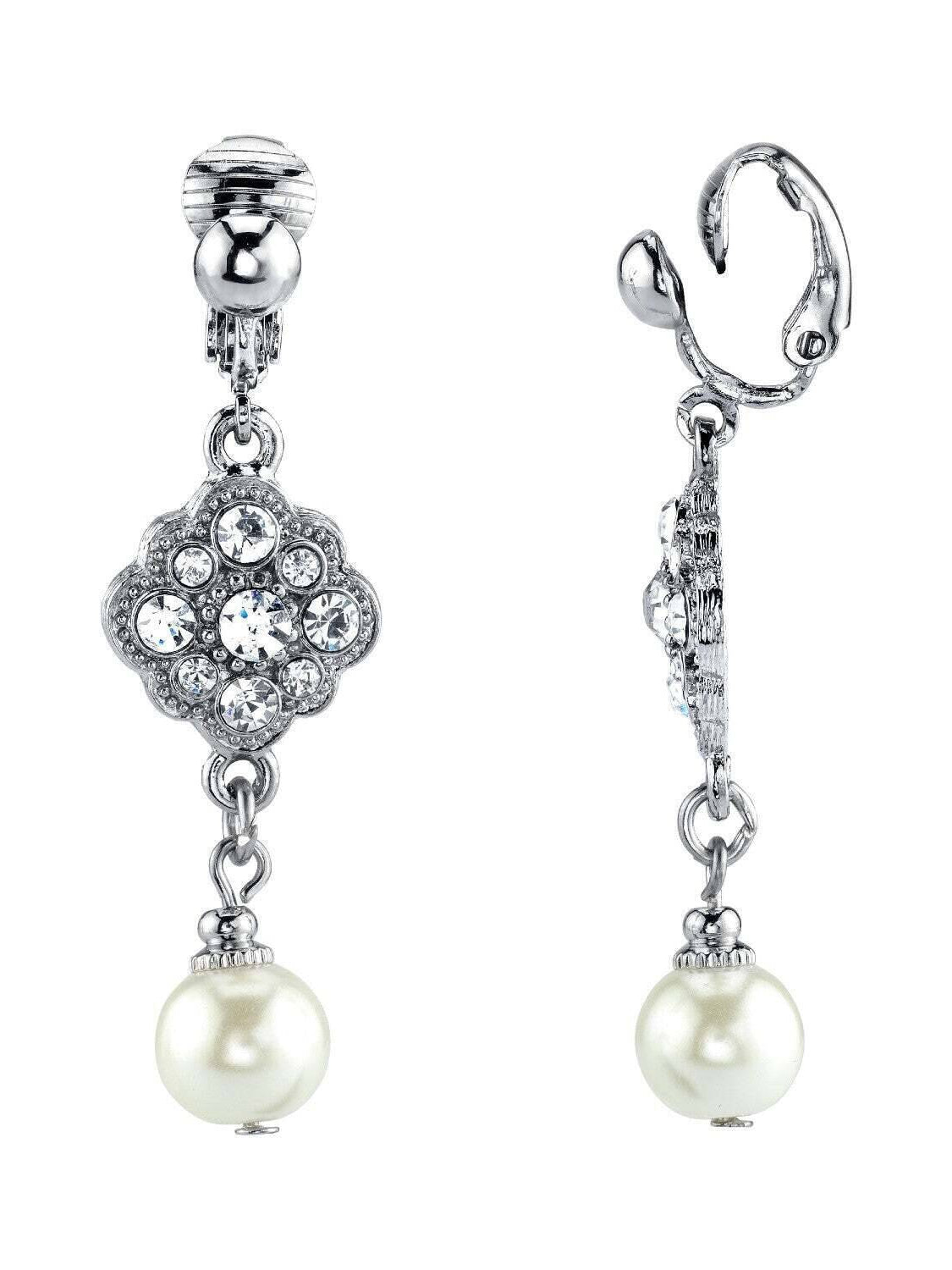 1928 Jewelry Flower Crystal And Faux Pearl Clip On Earrings