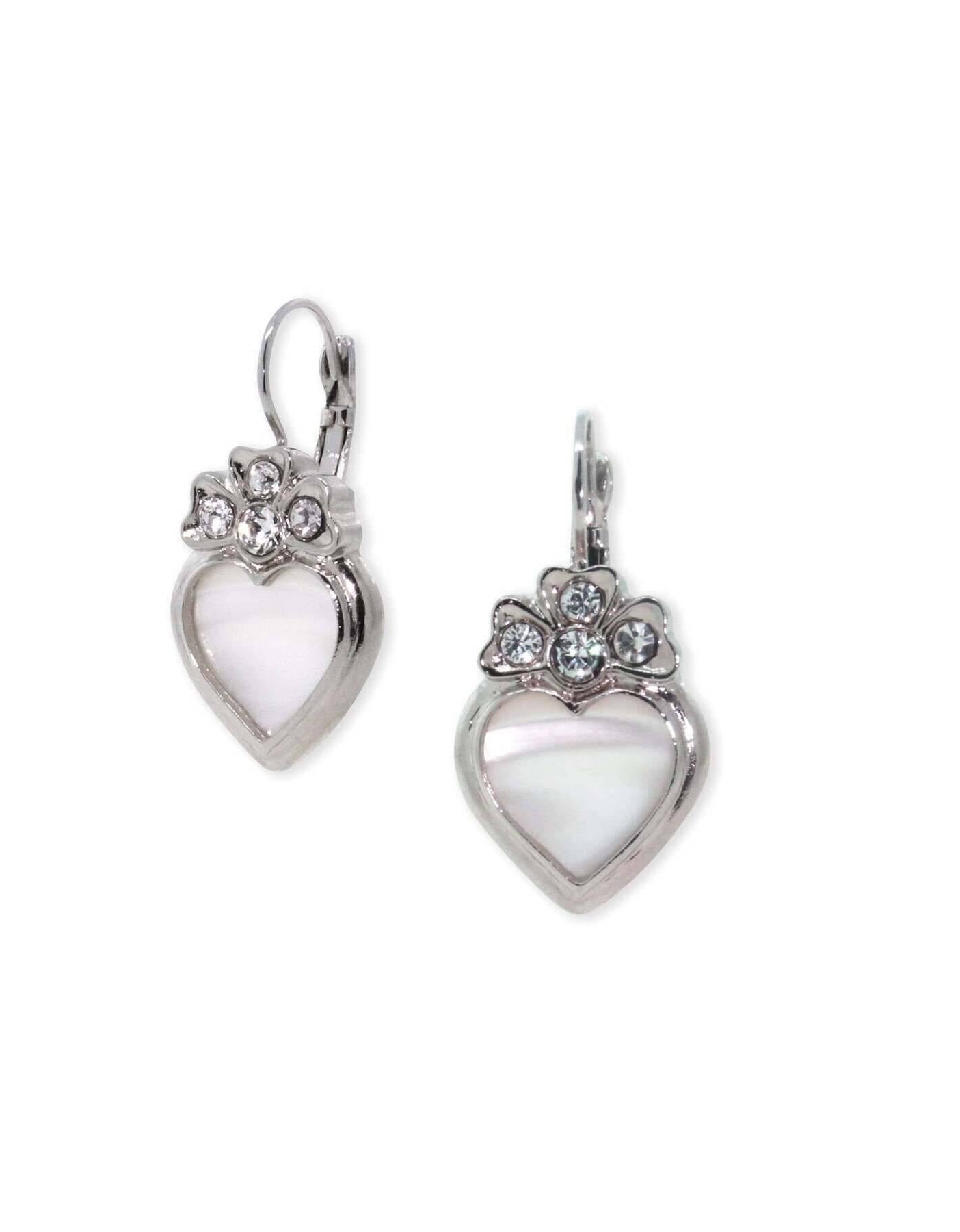 1928 Jewelry Genuine Mother Of Pearl Heart Crystal Lever Back Earrings
