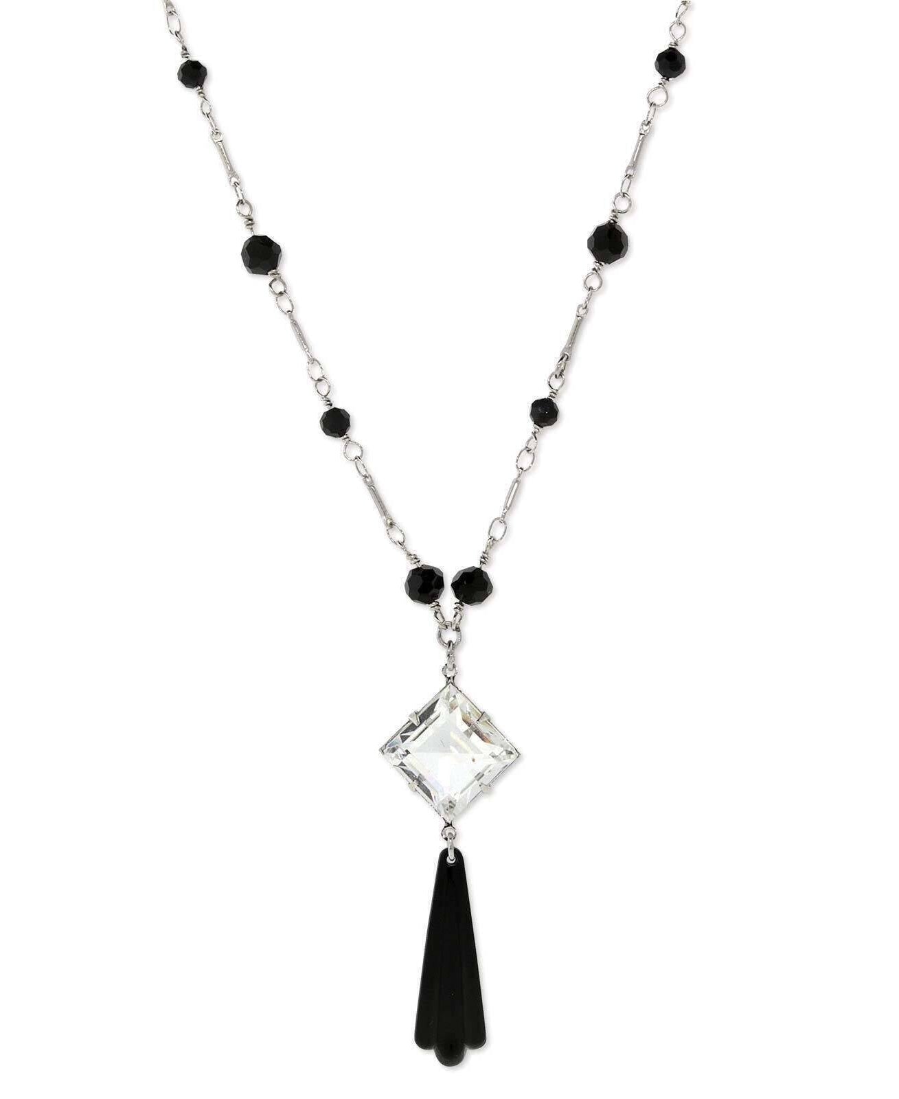 1928 Jewelry Black Bead Crystal Austrian Necklace 16" + 3" Extender