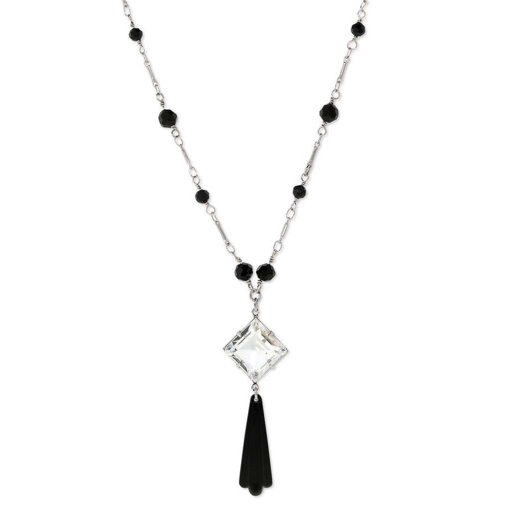 Silver Tone Black Bead Crystal Austrian  Stone Necklace 16 Adj
