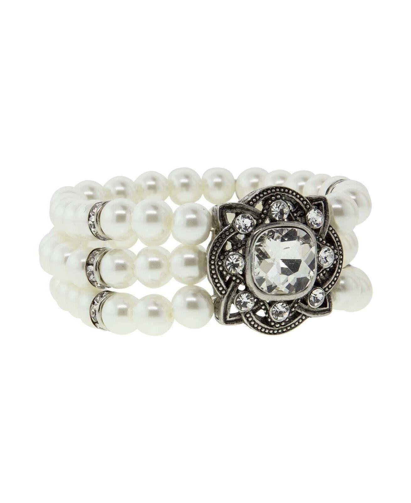 1928 Bridal Three Row White Faux Pearl and Crystal Stretch Bracelet