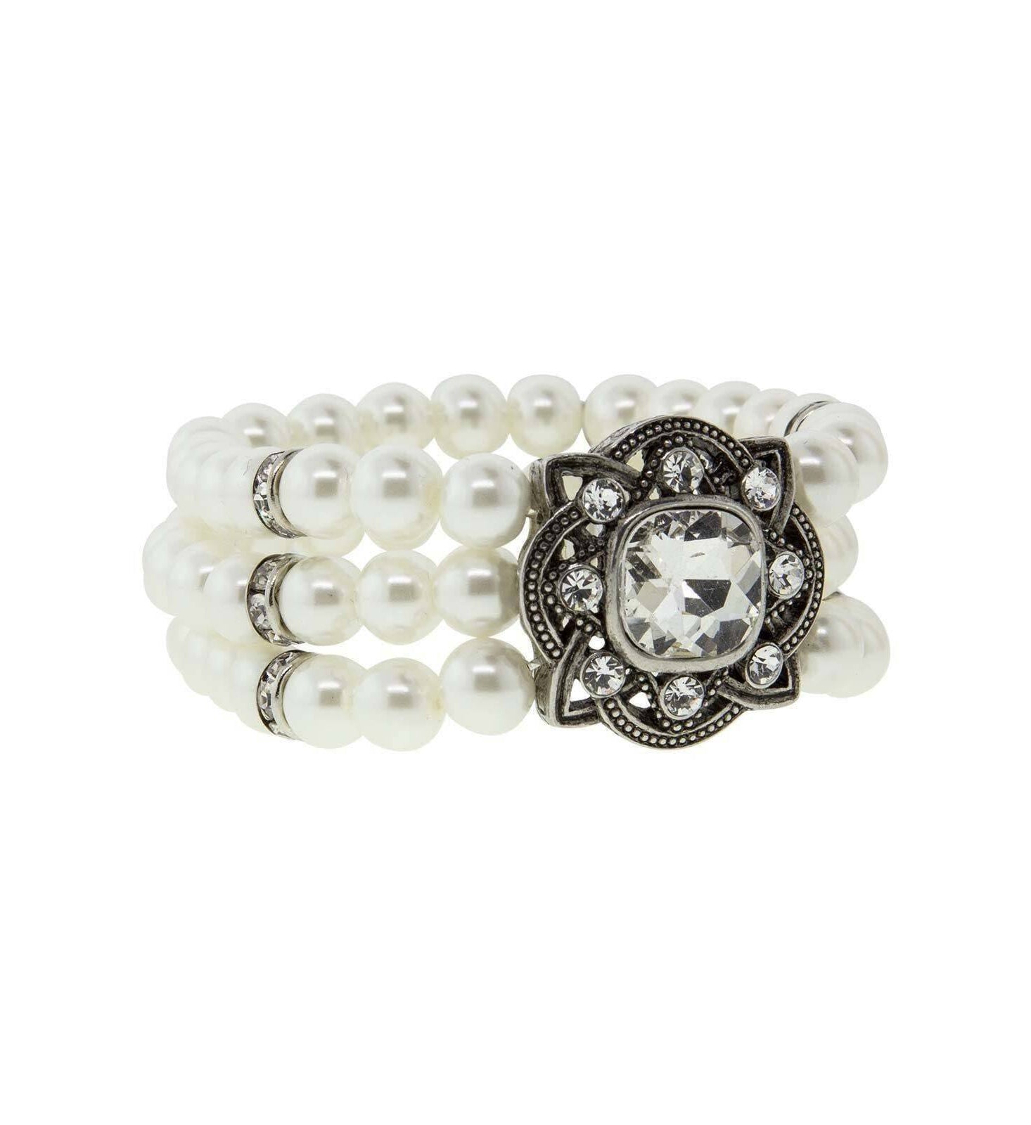 1928 Bridal Three Row White Faux Pearl and Crystal Stretch Bracelet