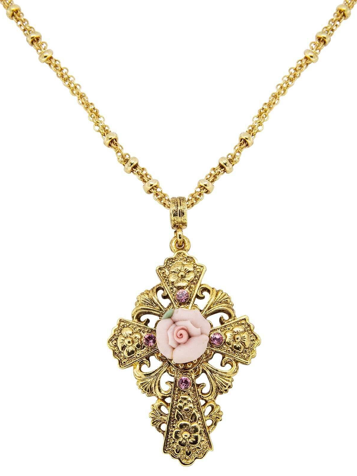 1928 Jewelry Cross Porcelain Rose Cross Pendant Necklace 18"