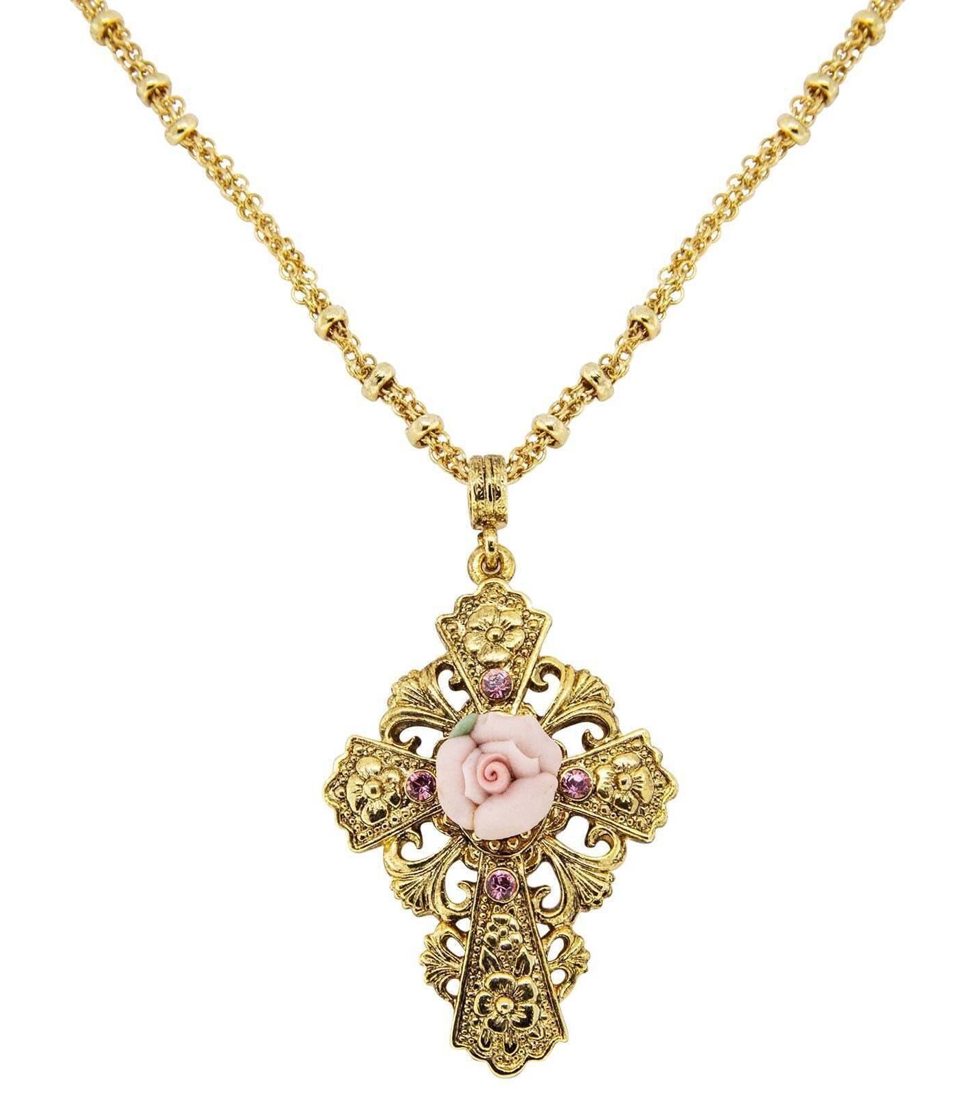 1928 Jewelry Cross Porcelain Rose Cross Pendant Necklace 18"