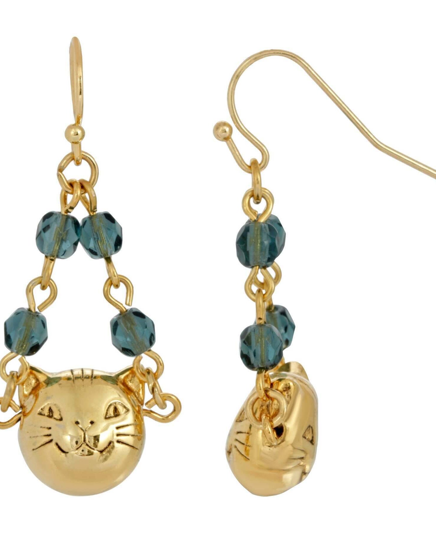 1928 Jewelry Cat Face With Blue Beaded Chain Drop Wire Earrings