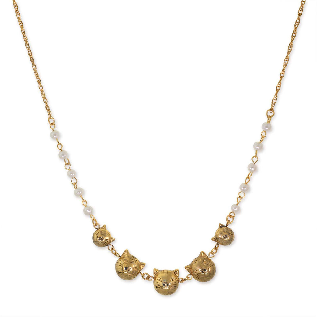 Multi Cat Face With Faux Pearl Chain Necklace 16" + 3" Extender