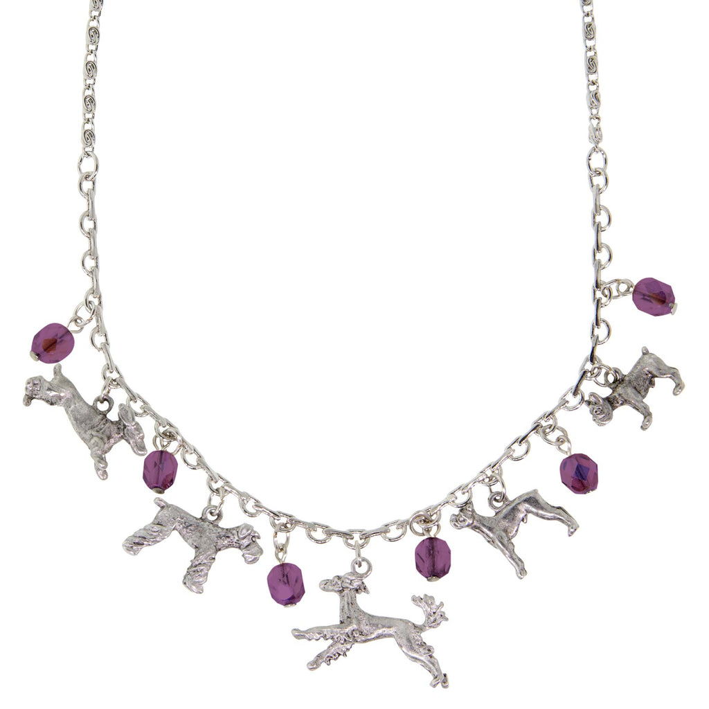 Pewter Crystal Beaded Multi Dog Drop Necklace 16 Adj. Purple
