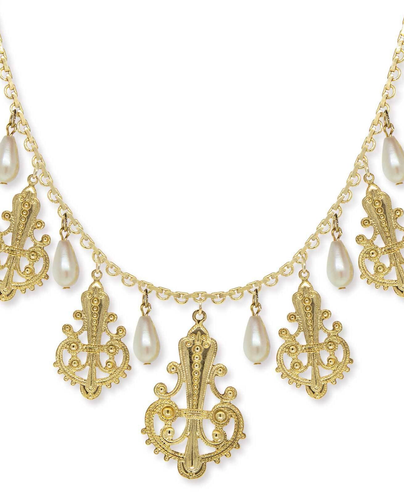 1928 Jewelry Royal Filigree Ornamental Drop Faux Pearl Necklace 16" + 3" Extender