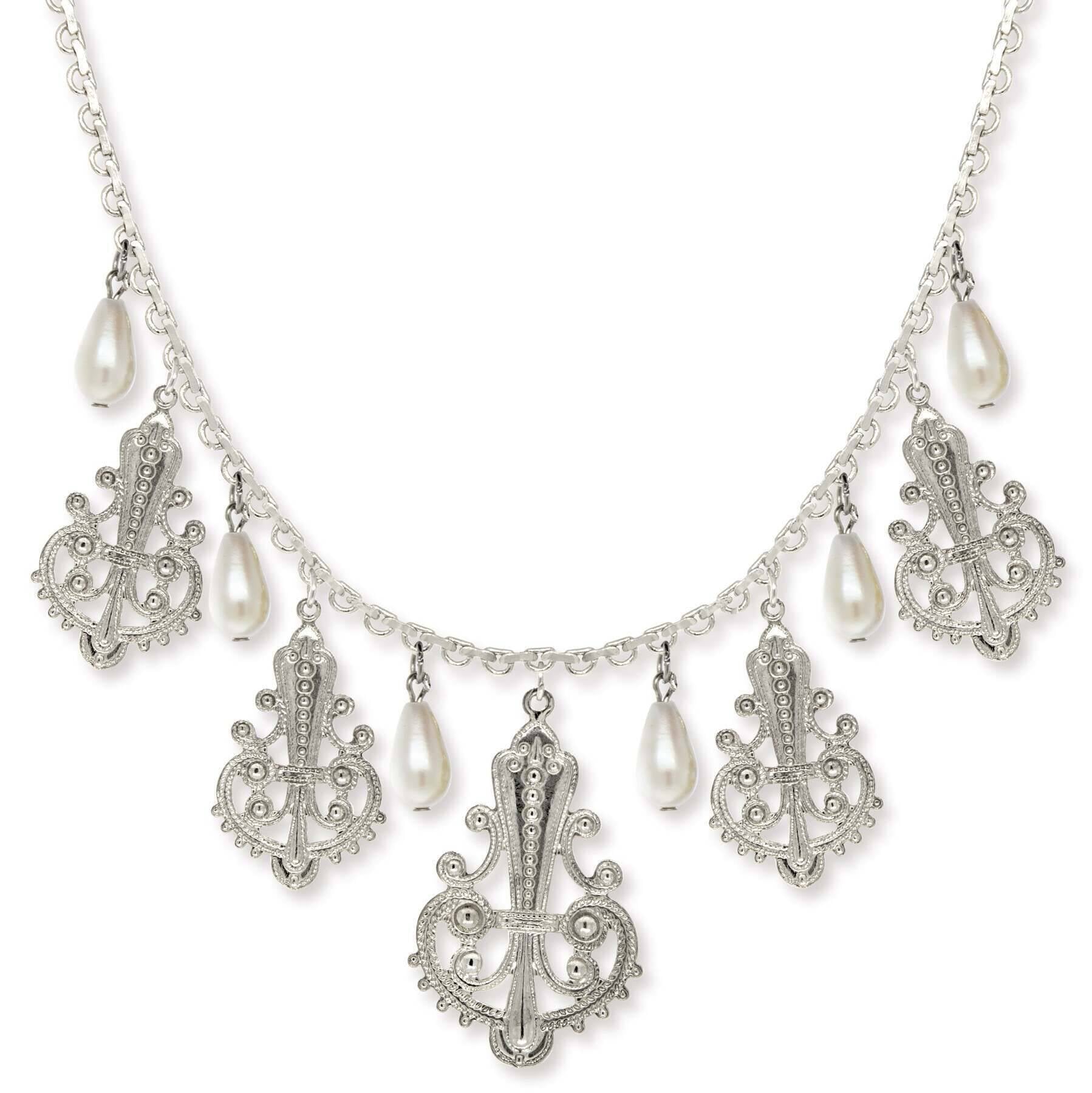 1928 Jewelry Royal Filigree Ornamental Drop Faux Pearl Necklace 16" + 3" Extender