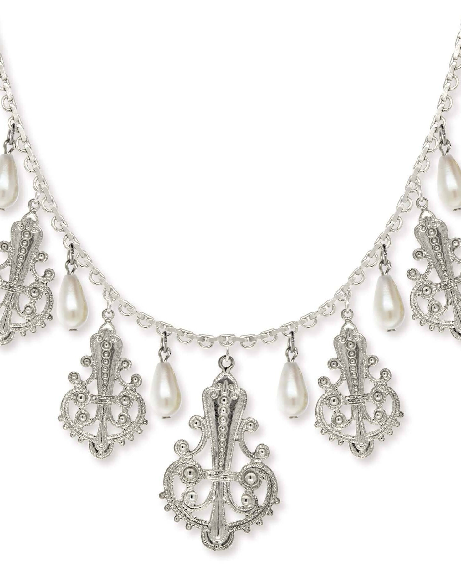 1928 Jewelry Royal Filigree Ornamental Drop Faux Pearl Necklace 16" + 3" Extender