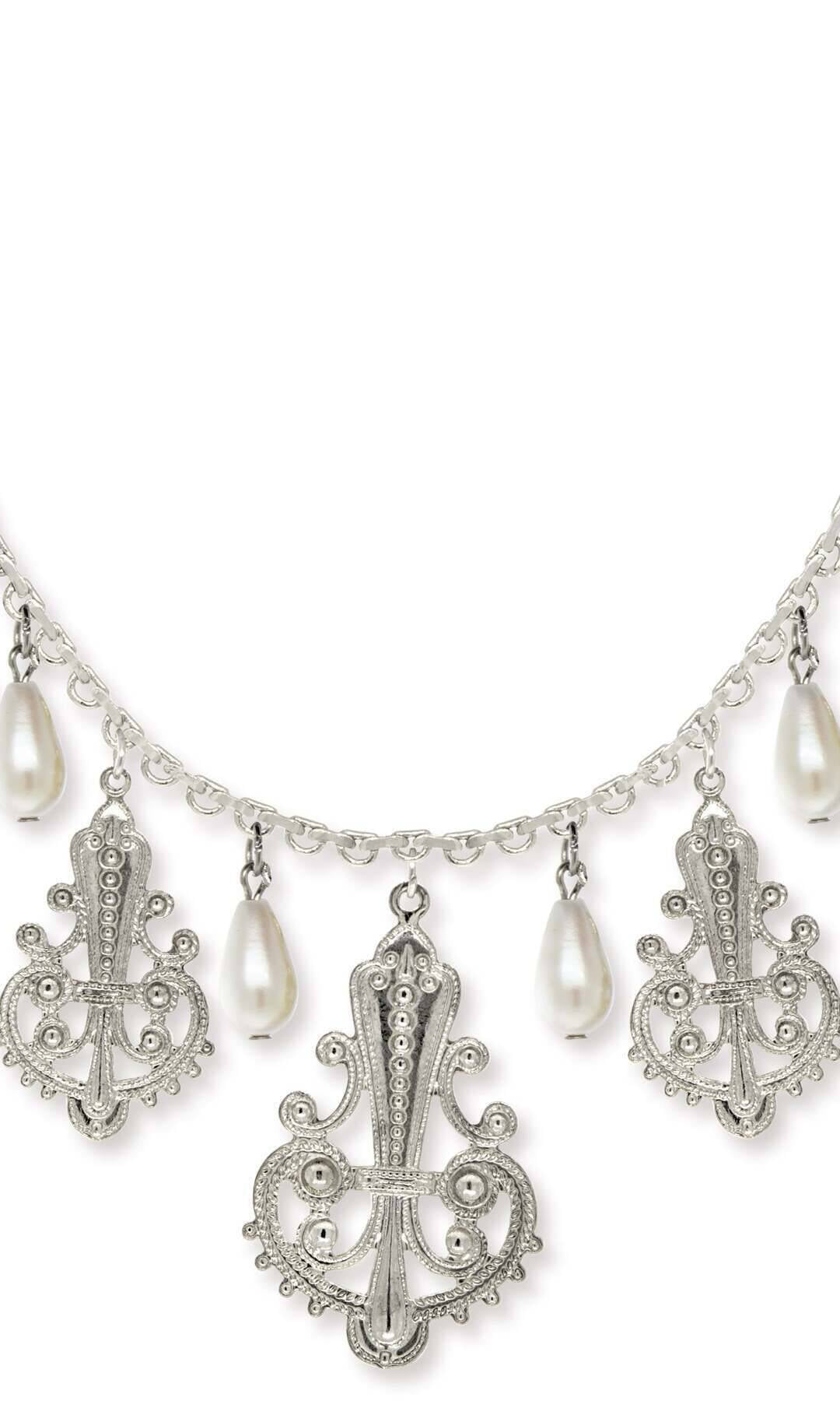 1928 Jewelry Royal Filigree Ornamental Drop Faux Pearl Necklace 16" + 3" Extender