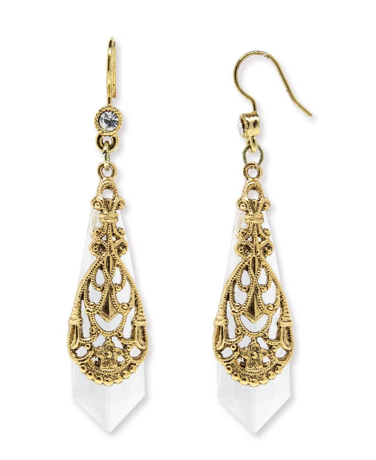 1928 Jewelry Filigree Over Clear Faceted Crystal Drop Earrings