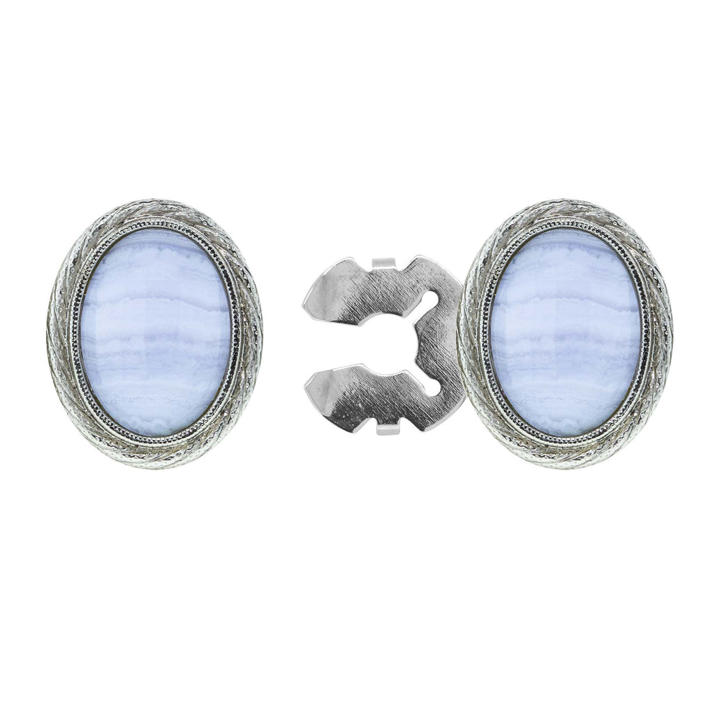 Silver Tone Genuine Stone Oval Button Cover Blue Lace