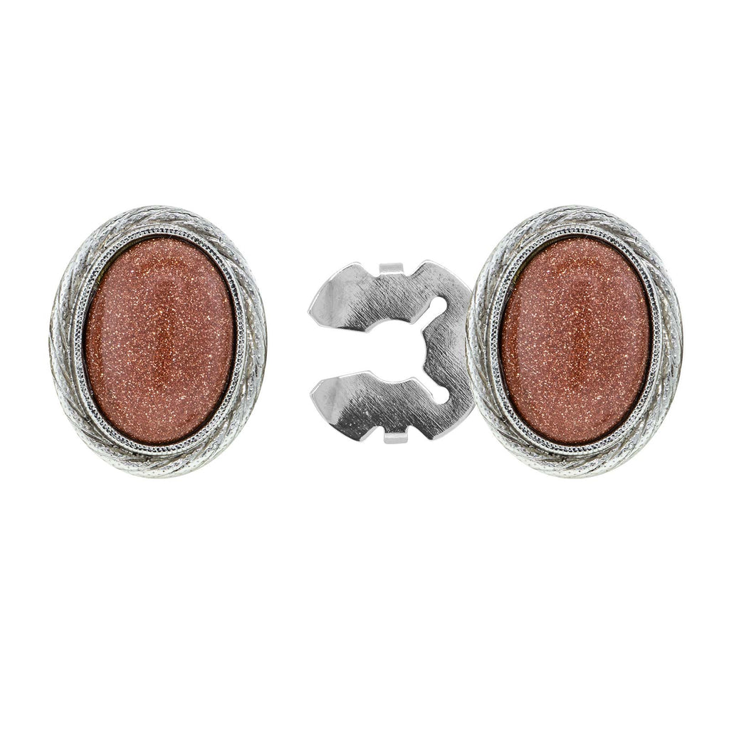 Silver Tone Genuine Stone Oval Button Cover Brown Sandstone