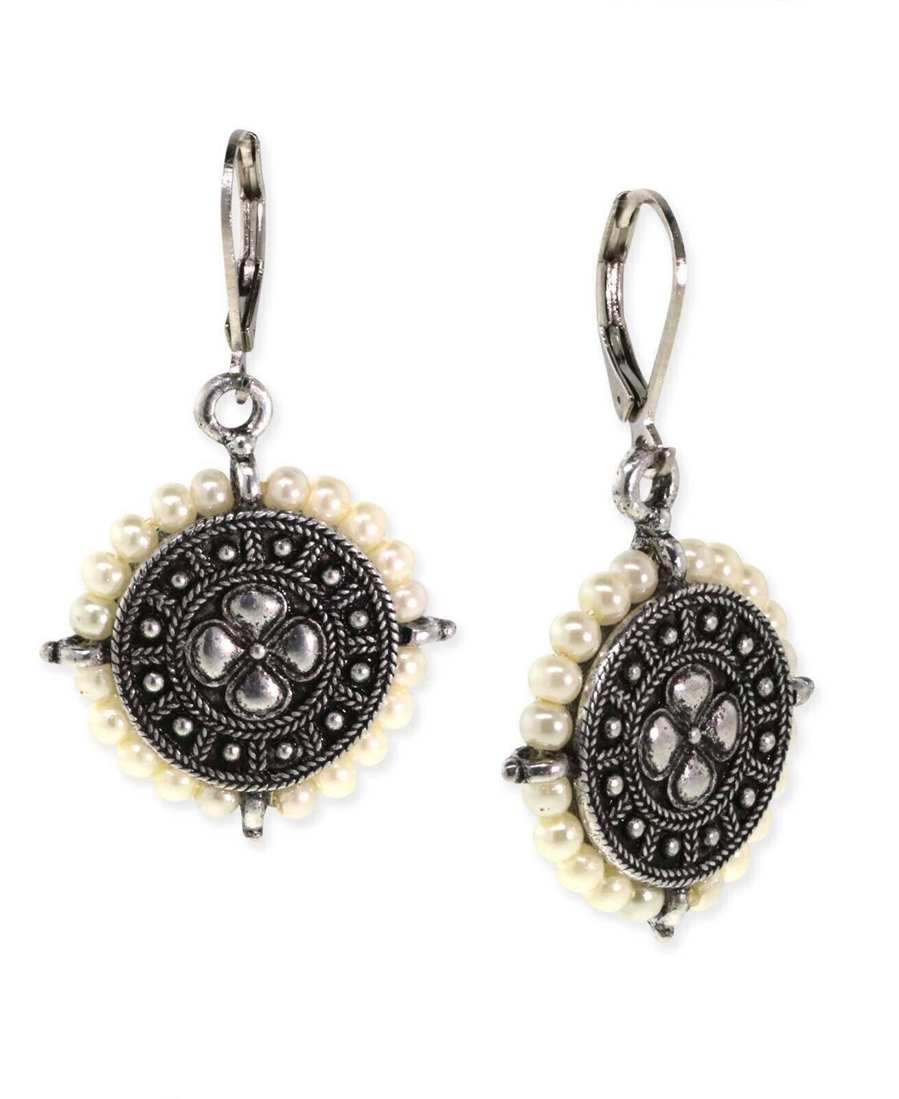 1928 Jewelry Faux Pearl Round Ornate Button Drop Earrings