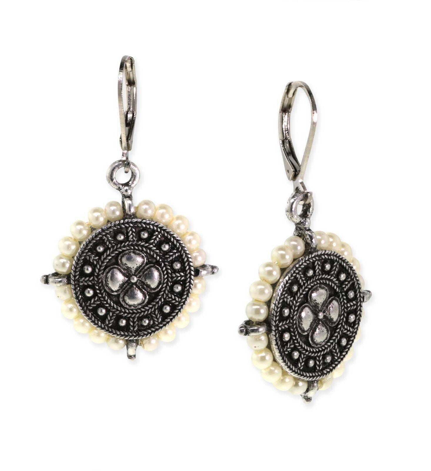 1928 Jewelry Faux Pearl Round Ornate Button Drop Earrings