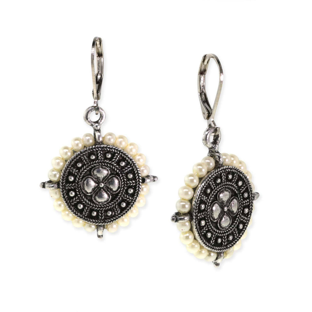 Pewter With Faux Pearl Round Ornate Button Drop Euro Wire Earring