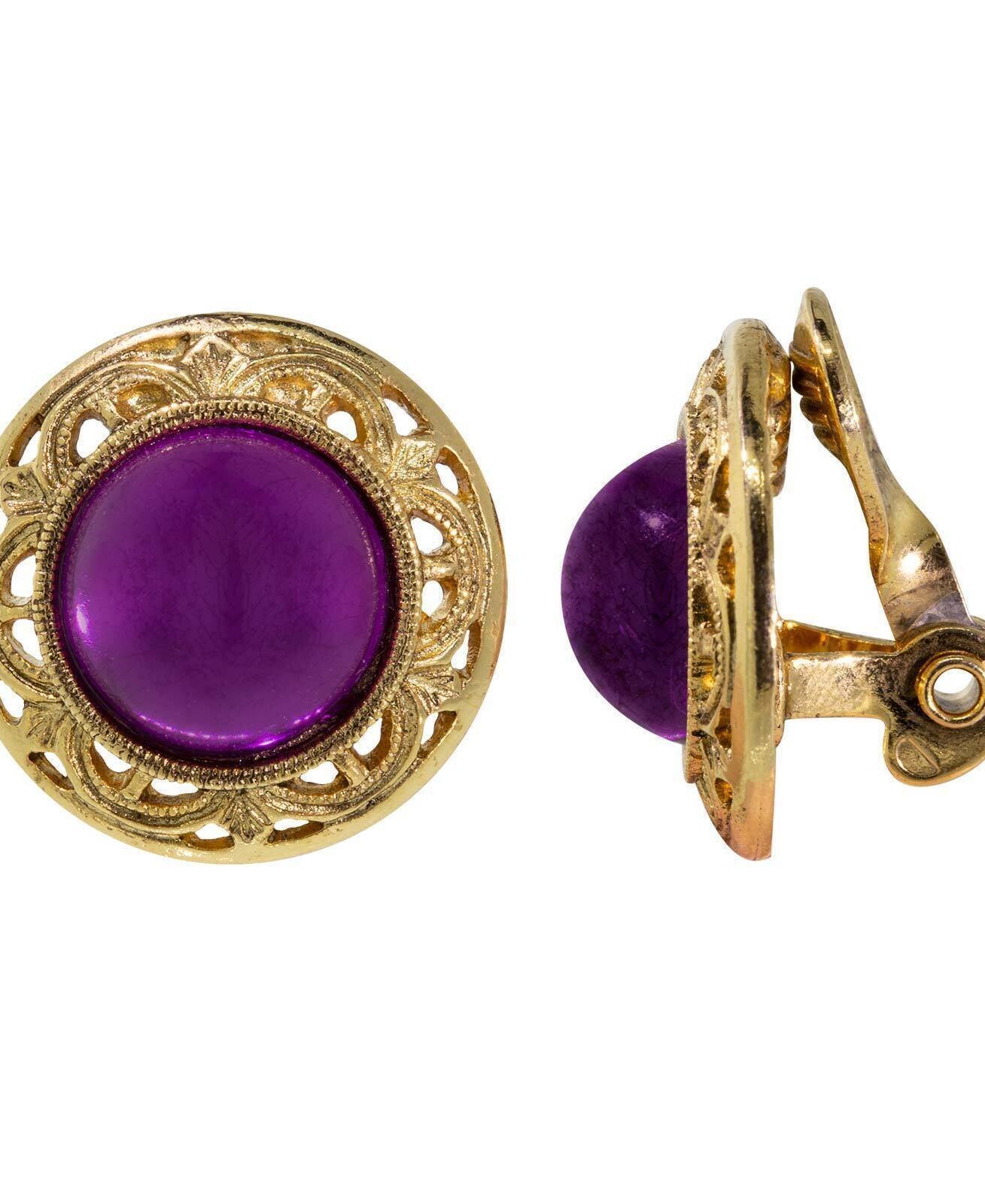1928 Jewelry Round Purple Amethyst Button Clip On Earrings