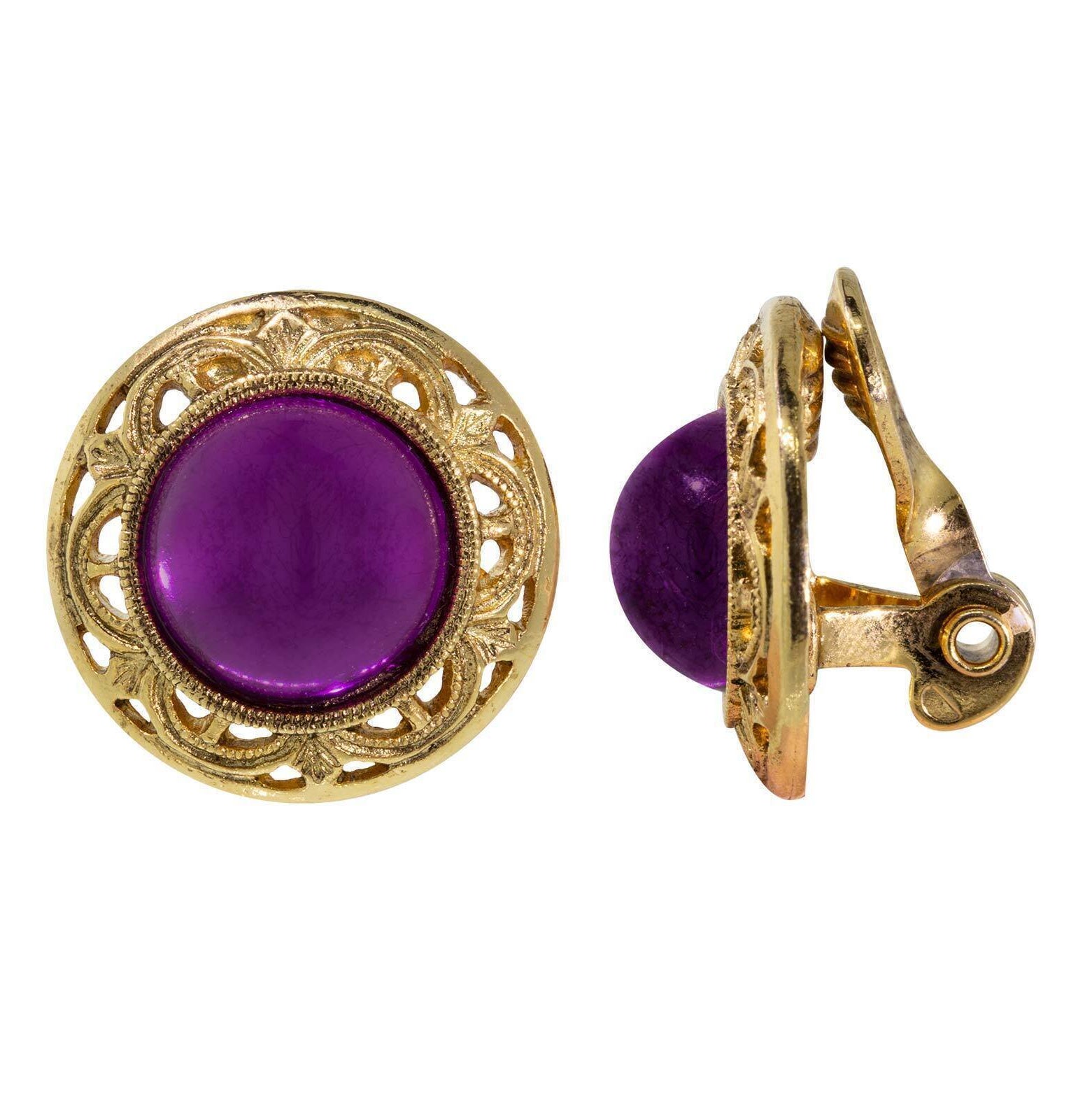 1928 Jewelry Round Purple Amethyst Button Clip On Earrings