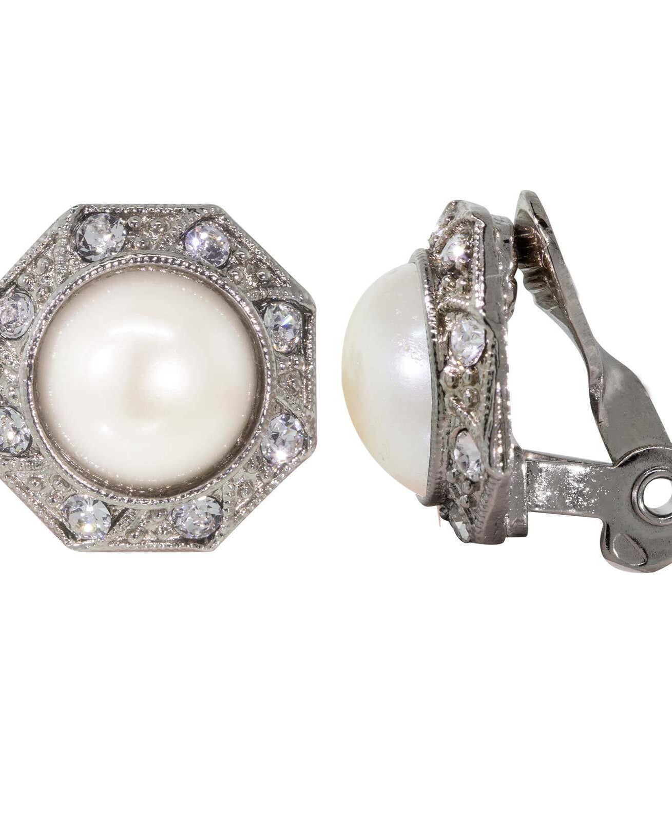 1928 Jewelry Faux Pearl Crystal Round Button Clip On Earrings