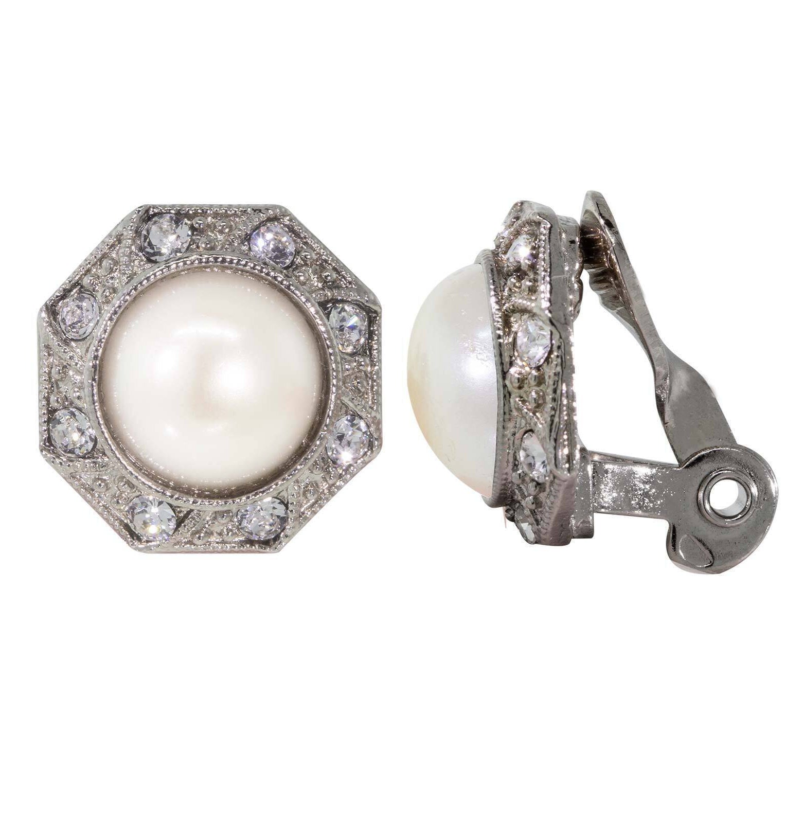 1928 Jewelry Faux Pearl Crystal Round Button Clip On Earrings