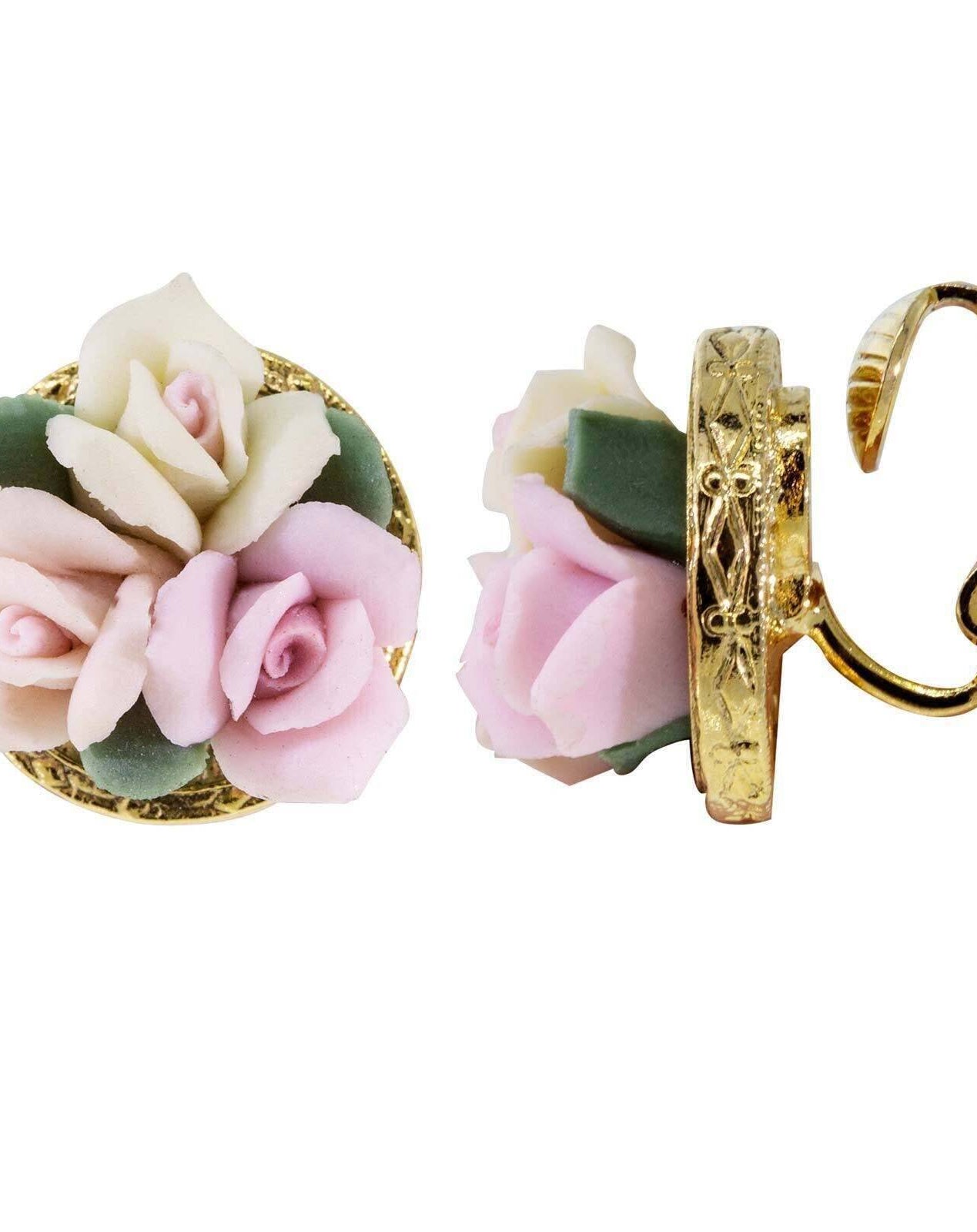1928 Jewelry 3 Flower Pink & White Porcelain Flower Round Button Clip On Earrings