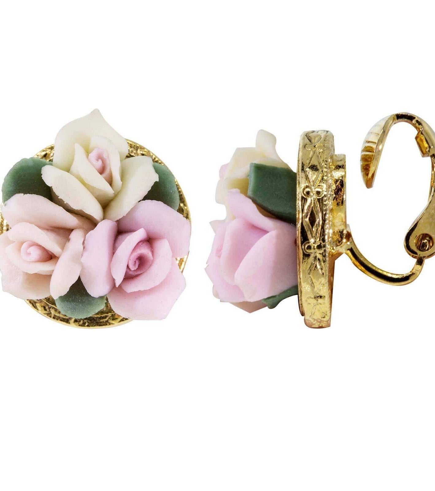 1928 Jewelry 3 Flower Pink & White Porcelain Flower Round Button Clip On Earrings
