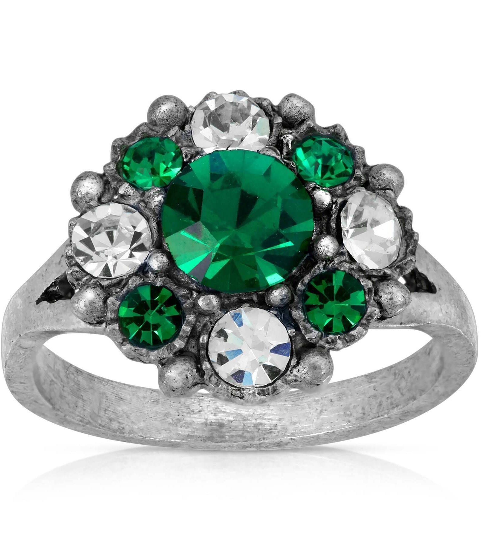 1928 Jewelry Pewter Dark Green And Clear Crystal Ring Size 7