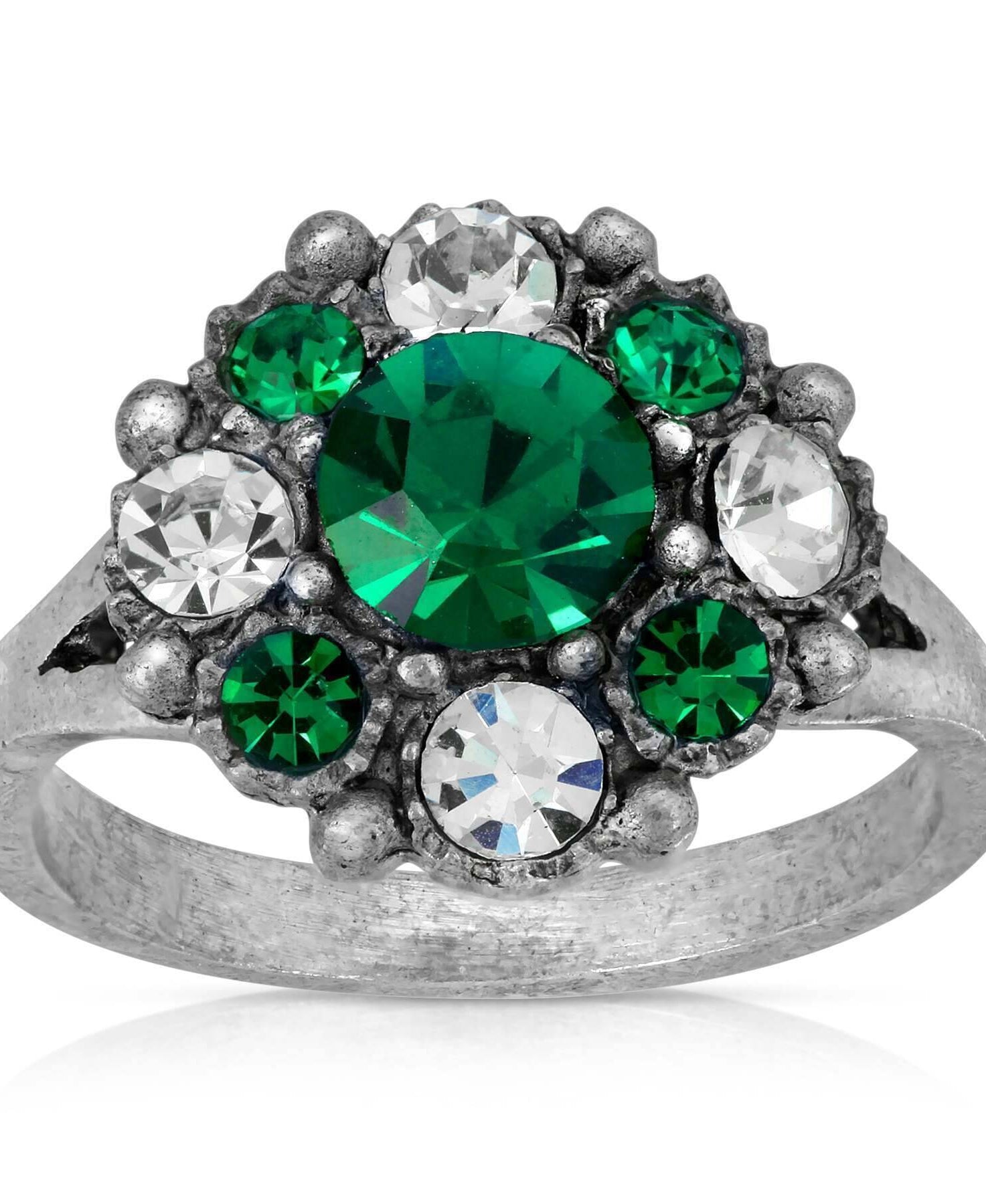 1928 Jewelry Pewter Dark Green And Clear Crystal Ring Size 7