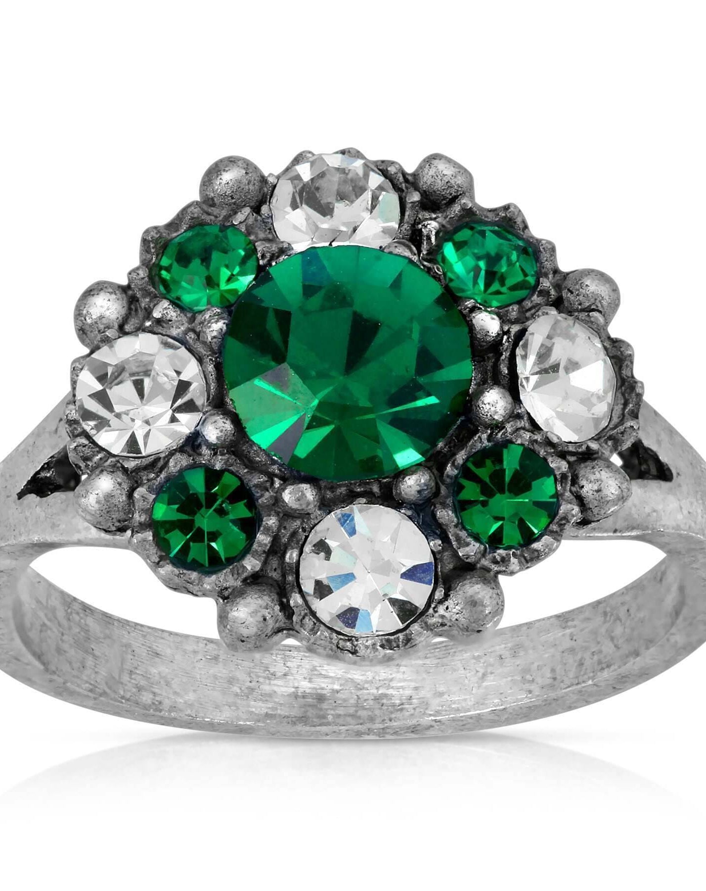 1928 Jewelry Pewter Dark Green And Clear Crystal Ring Size 7