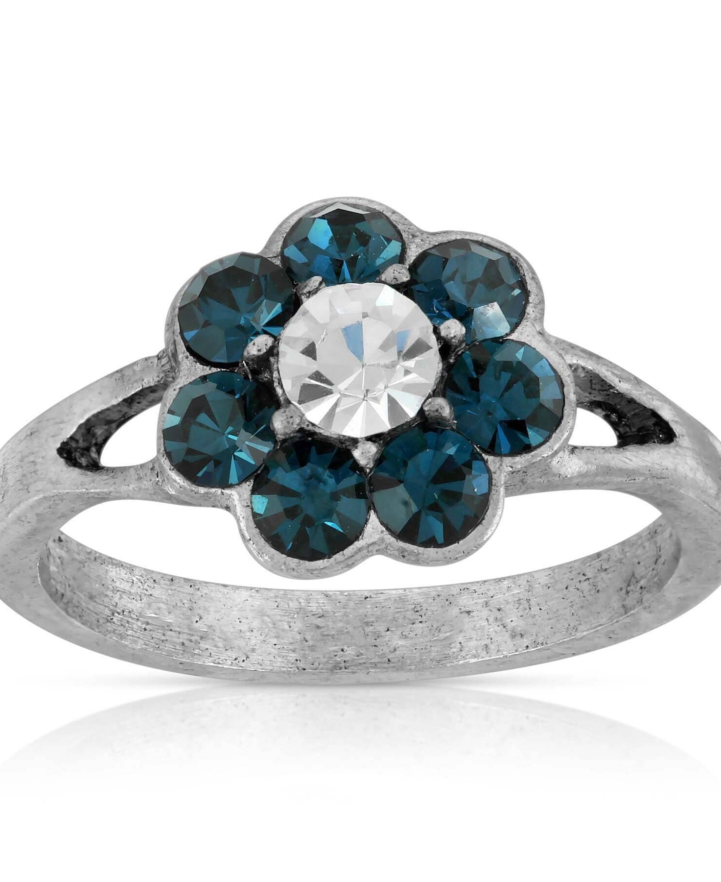 1928 Jewelry Pewter Clear And Dark Blue Crystal Flower Ring Size 7
