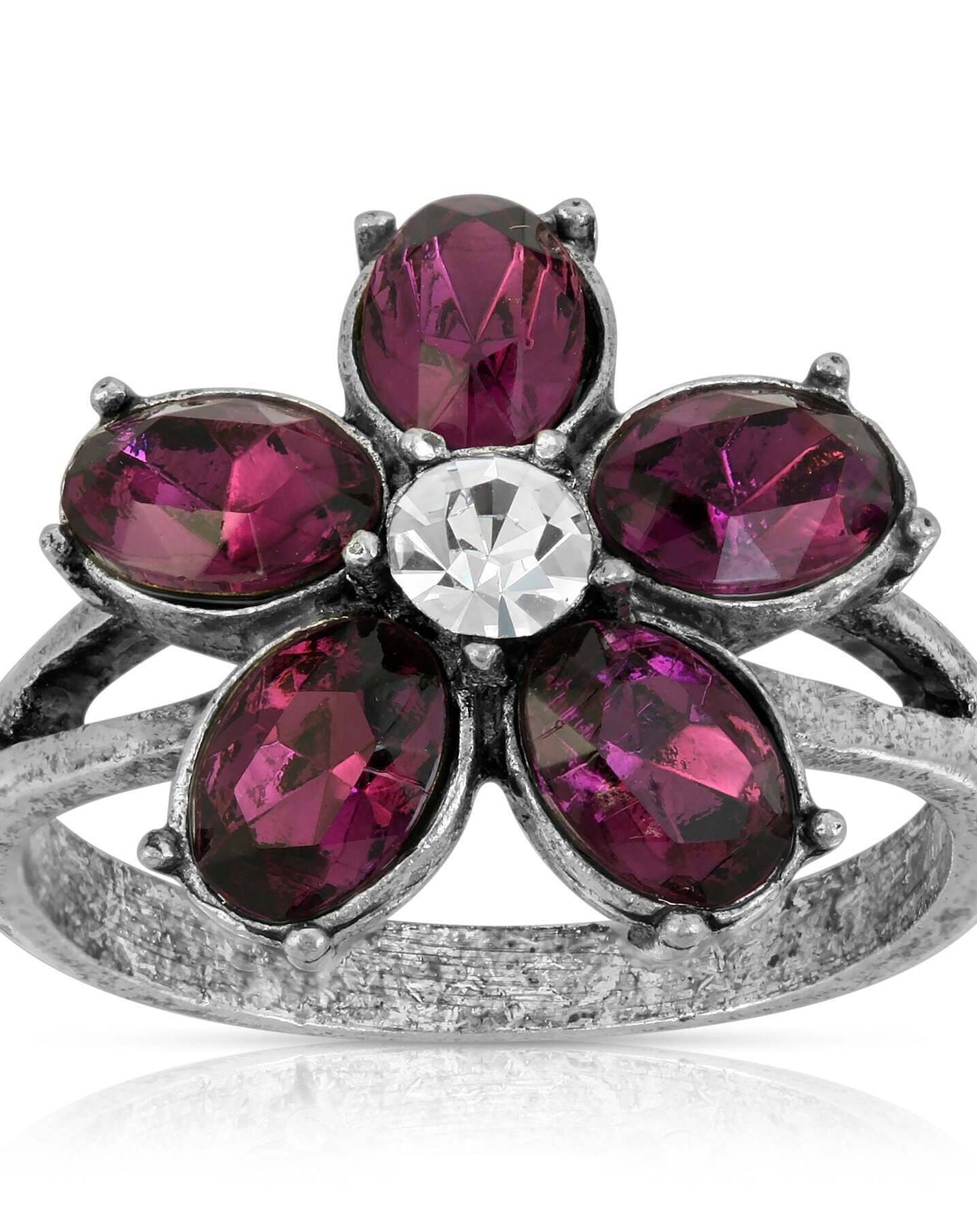 1928 Jewelry Pewter Purple And Clear Crystal Floral Ring Size 7