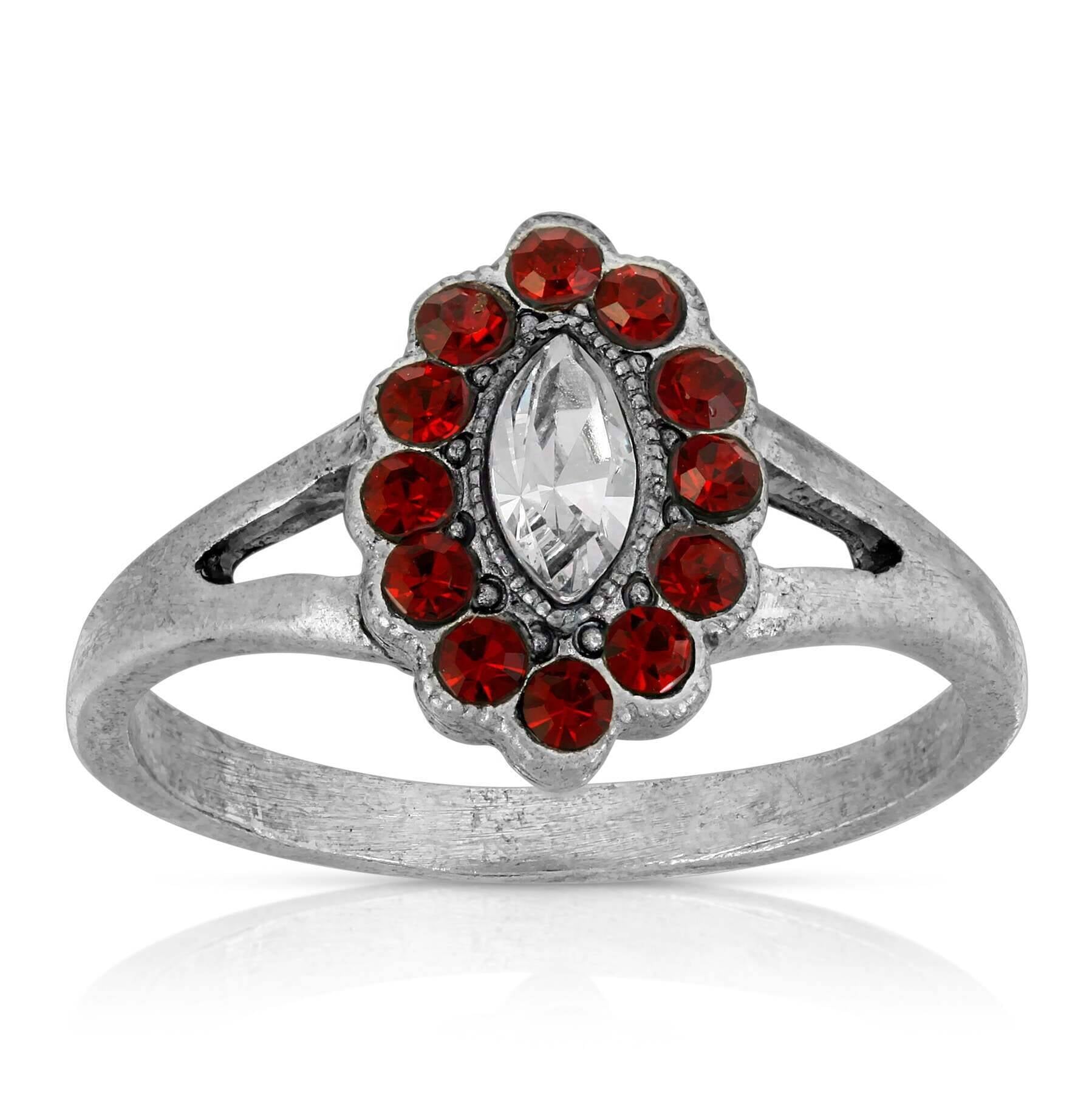 1928 Jewelry Pewter Diamond Shaped Crystal With Red Crystals Ring Size 7