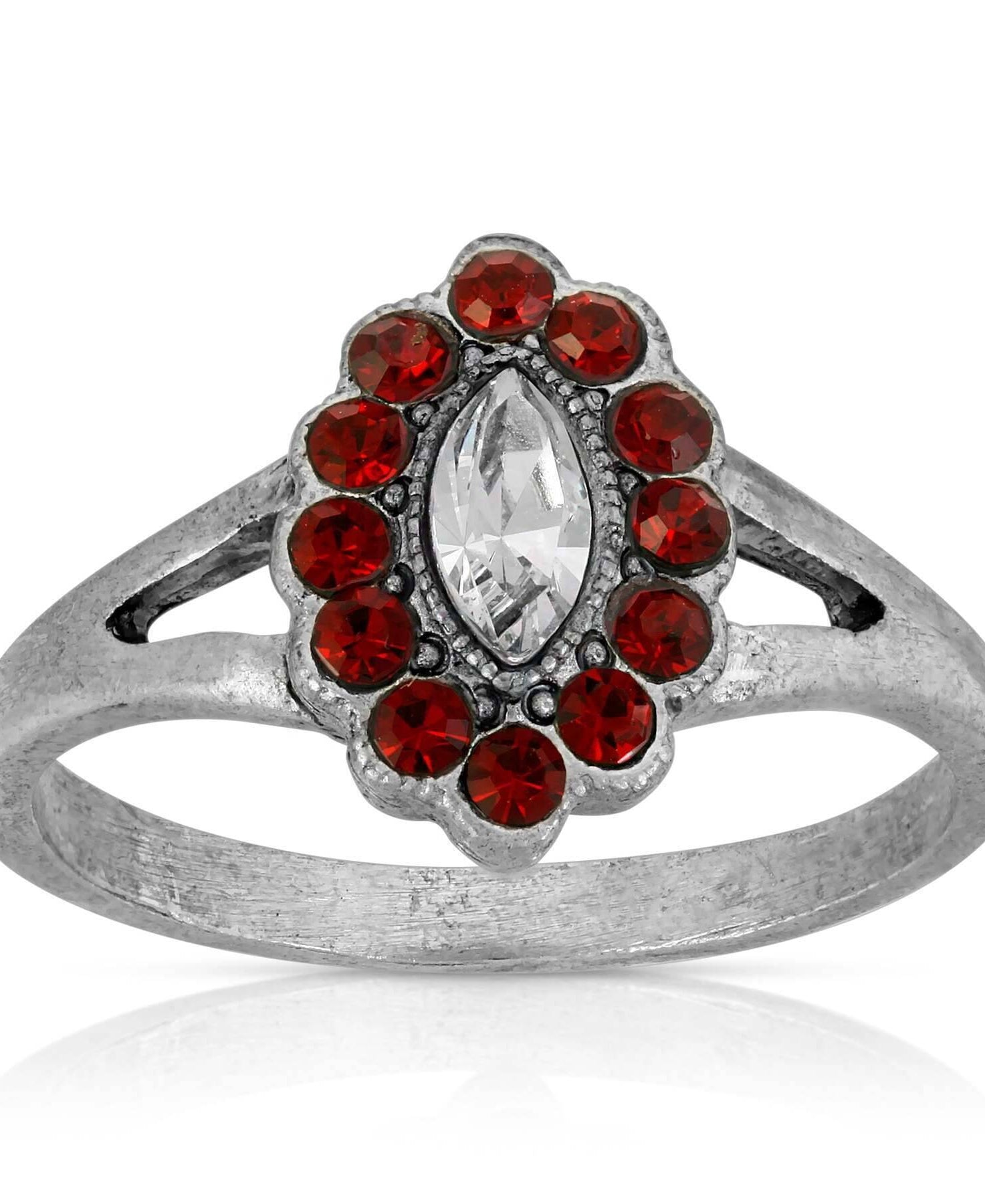1928 Jewelry Pewter Diamond Shaped Crystal With Red Crystals Ring Size 7