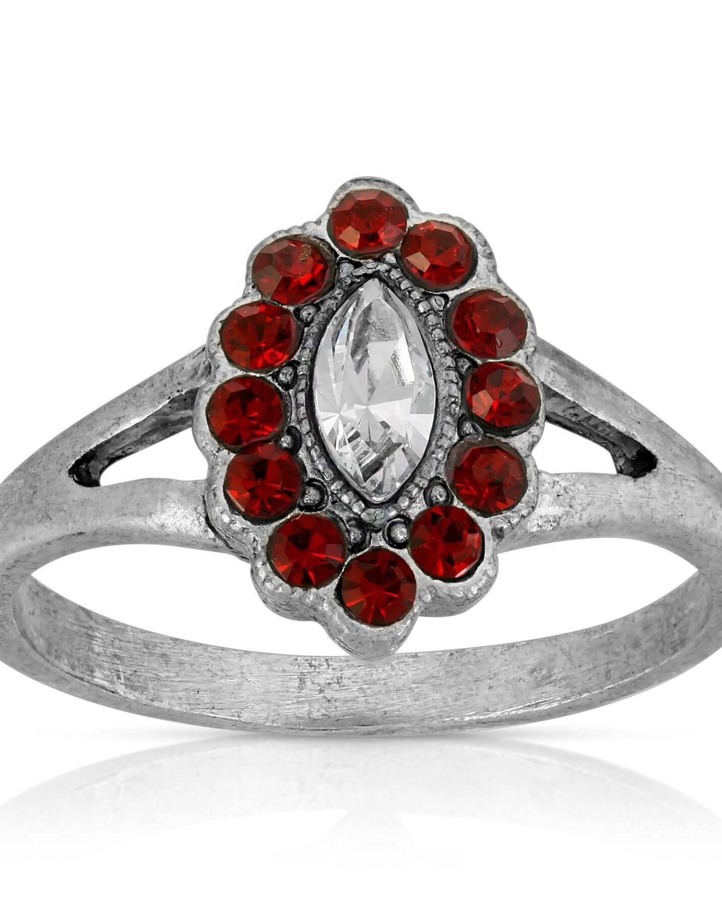 1928 Jewelry Pewter Diamond Shaped Crystal With Red Crystals Ring Size 7
