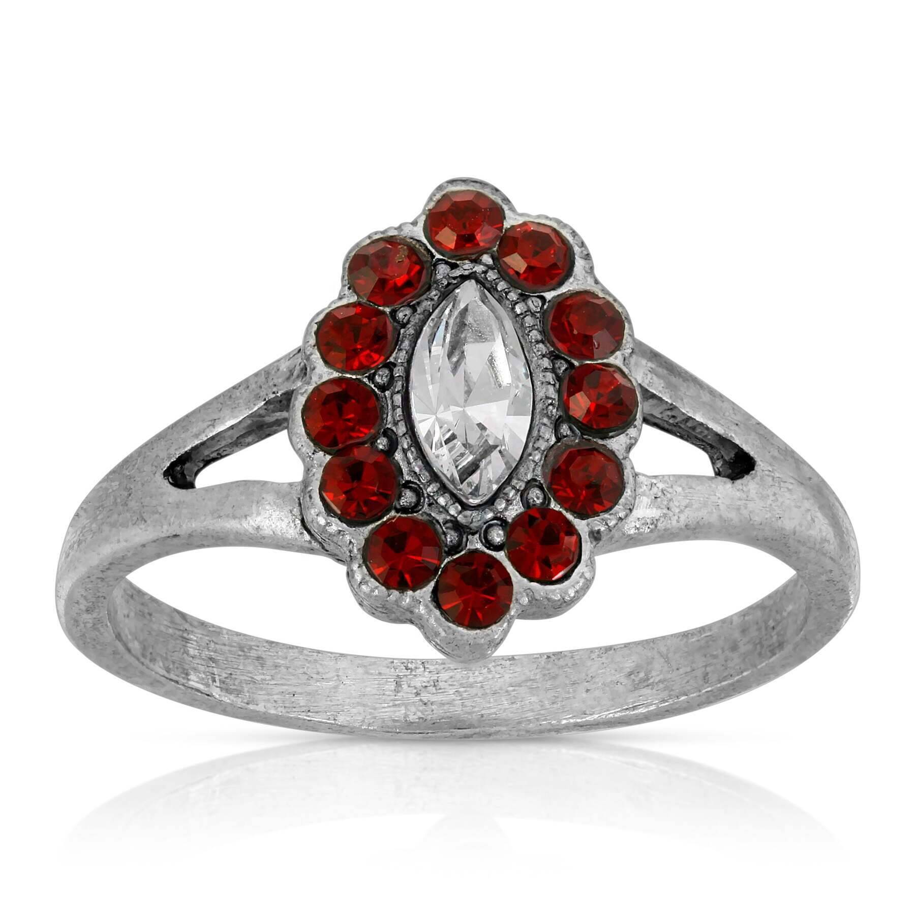 1928 Jewelry Pewter Diamond Shaped Crystal With Red Crystals Ring Size 7