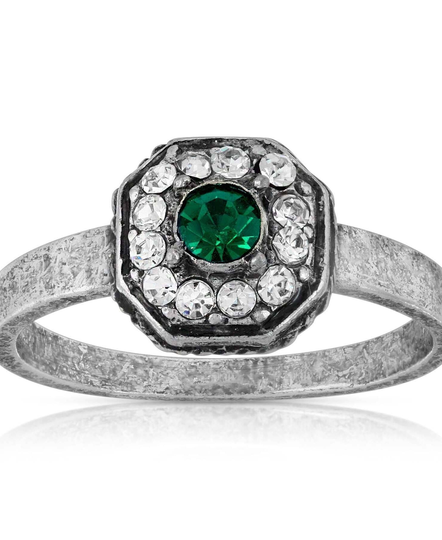 1928 Jewelry Pewter With Green And Clear Crystals Octagon Shaped Ring Size 7